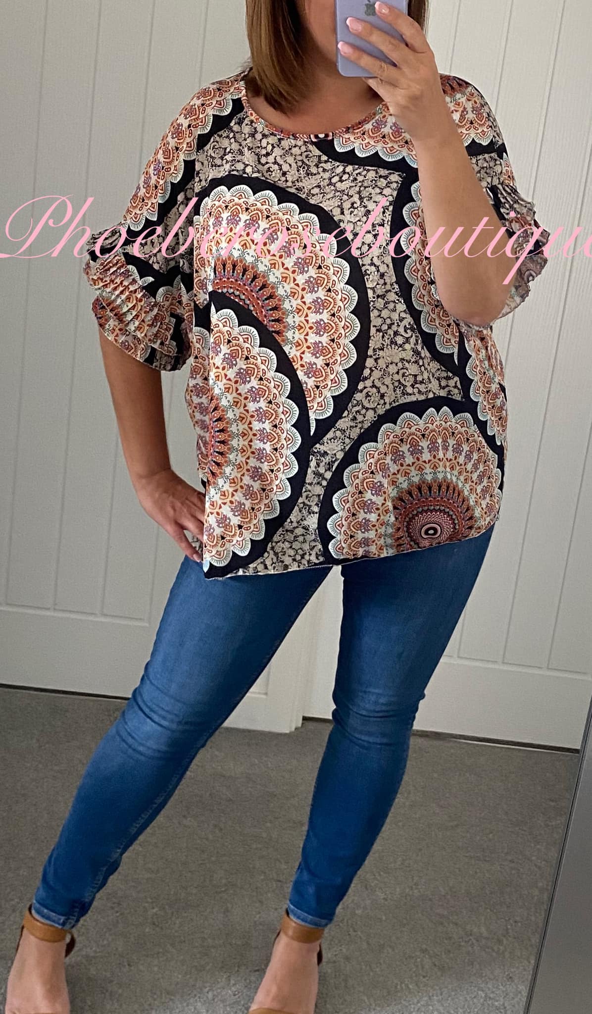 Mix Print Pleated Frill Crepe Feel Top - Black Mix - Image 3