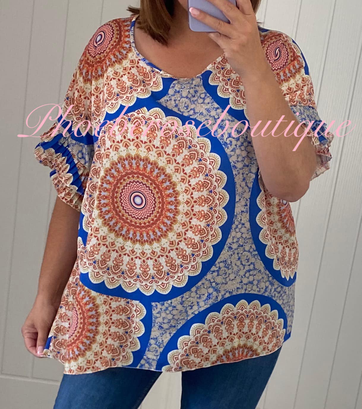 Mix Print Pleated Frill Crepe Feel Top - Royal Blue