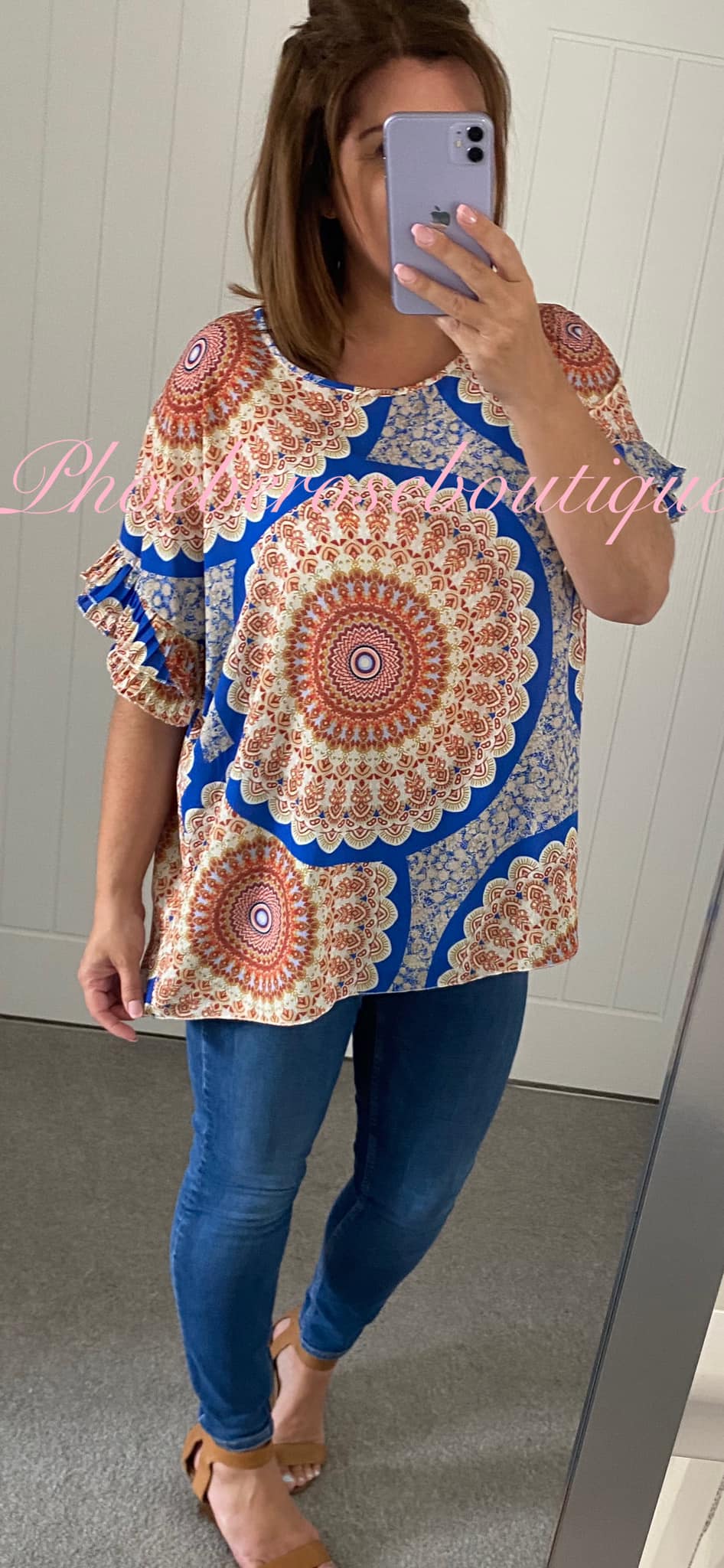 Mix Print Pleated Frill Crepe Feel Top - Royal Blue