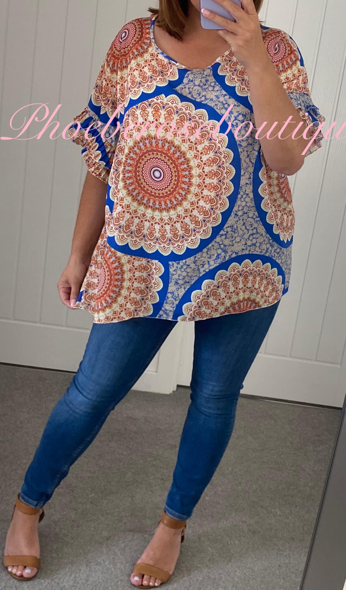 Mix Print Pleated Frill Crepe Feel Top - Royal Blue - Image 3