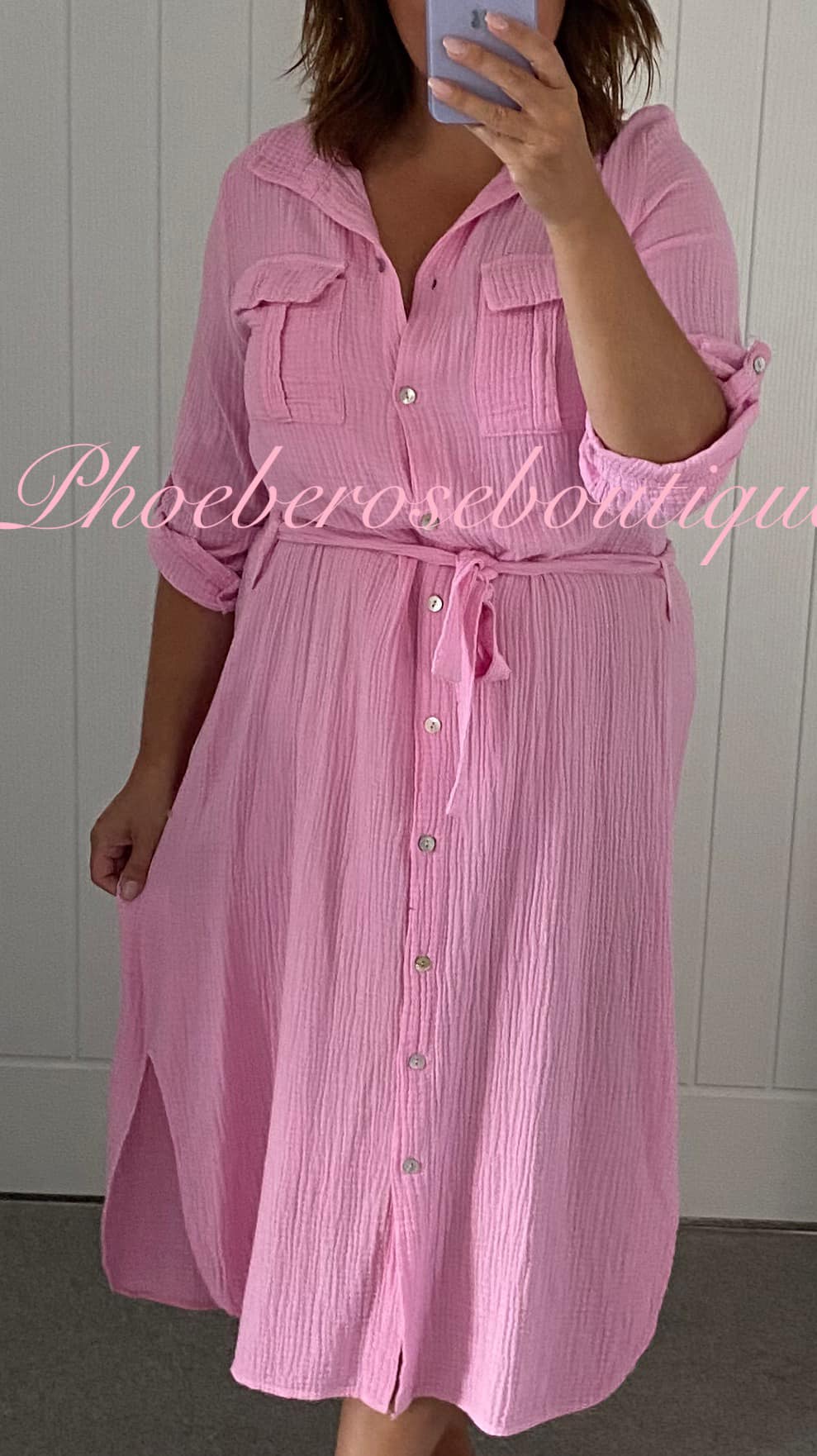 Cheesecloth Pocket Shirt Dress With Tie Belt - Bubblegum Pink