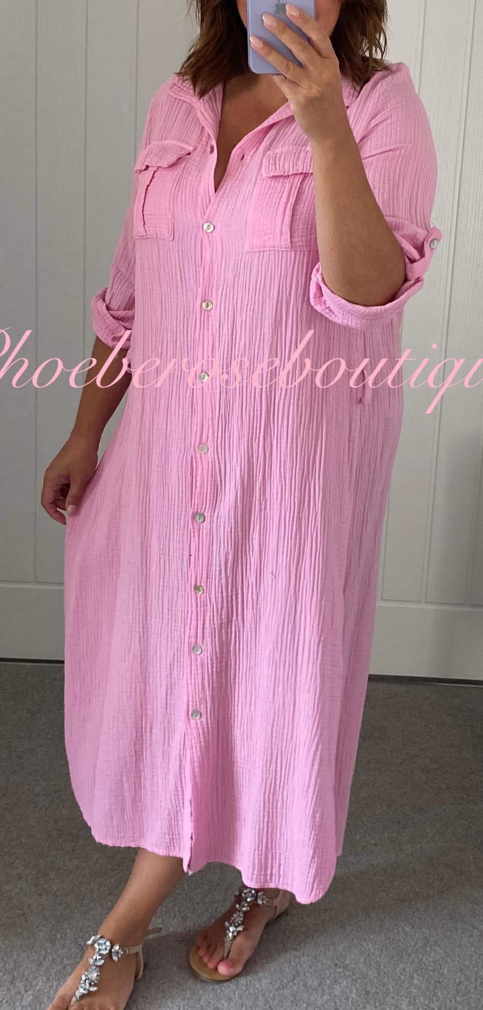 Cheesecloth Pocket Shirt Dress With Tie Belt - Bubblegum Pink