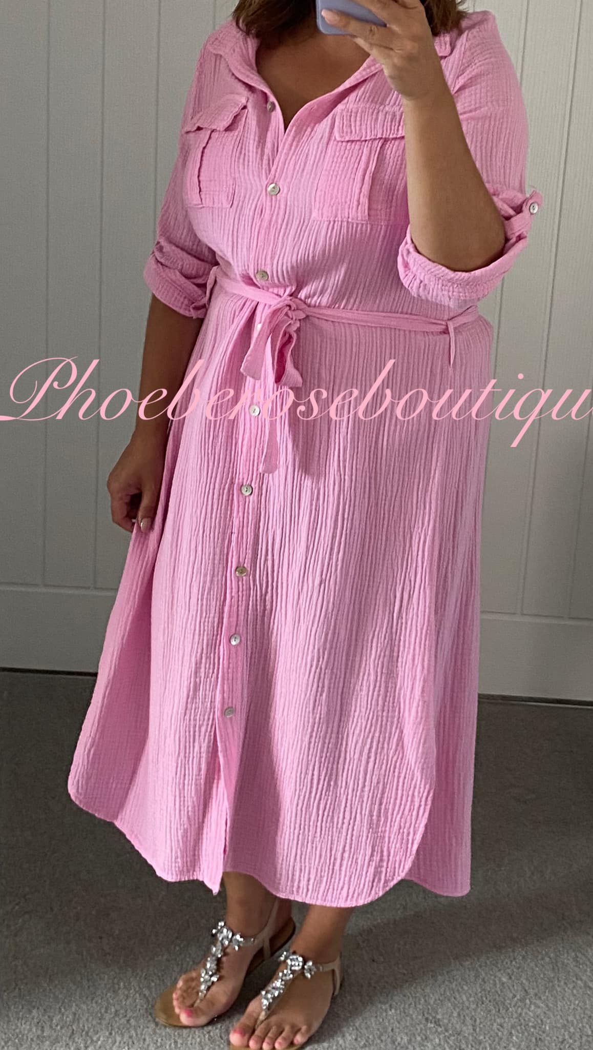 Cheesecloth Pocket Shirt Dress With Tie Belt - Bubblegum Pink - Image 3
