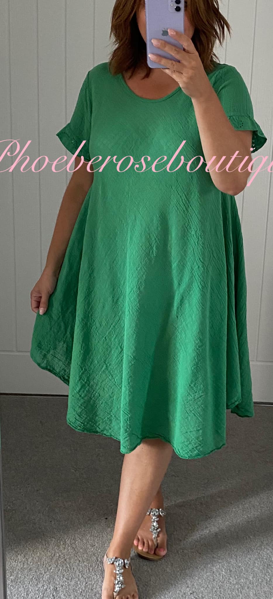 Cotton mix Anglaise Panel Back Asymmetric Hem Dress - Green