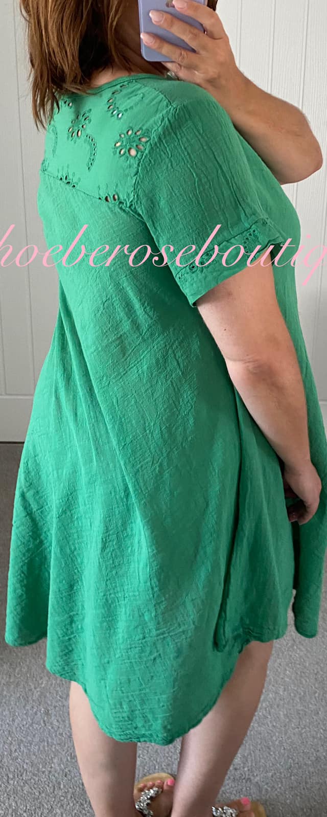 Cotton mix Anglaise Panel Back Asymmetric Hem Dress - Green - Image 3