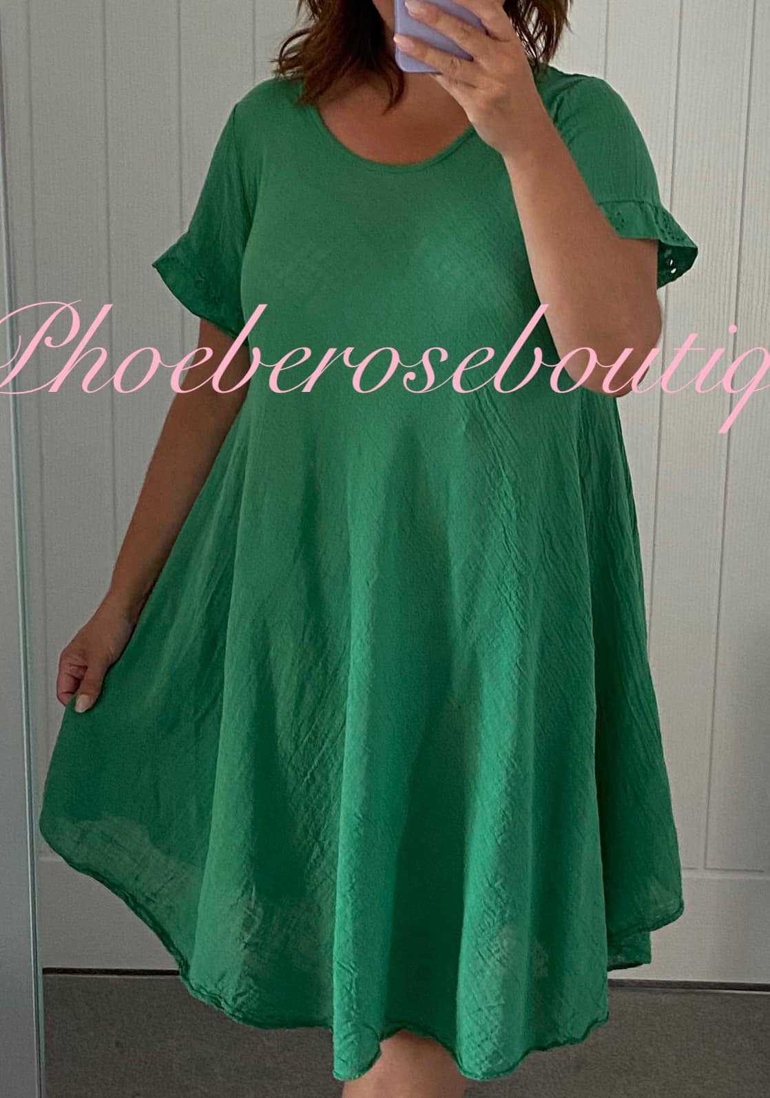 Cotton mix Anglaise Panel Back Asymmetric Hem Dress - Green