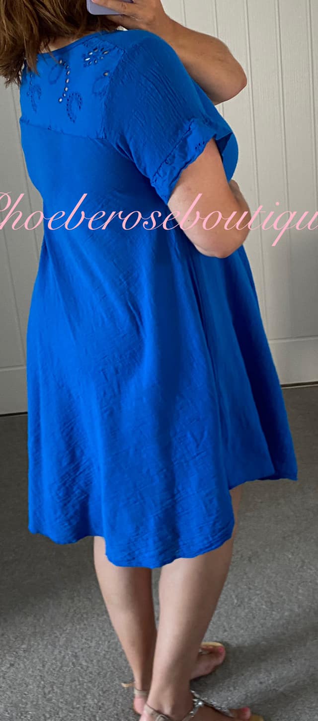 Cotton mix Anglaise Panel Back Asymmetric Hem Dress - Royal Blue - Image 3