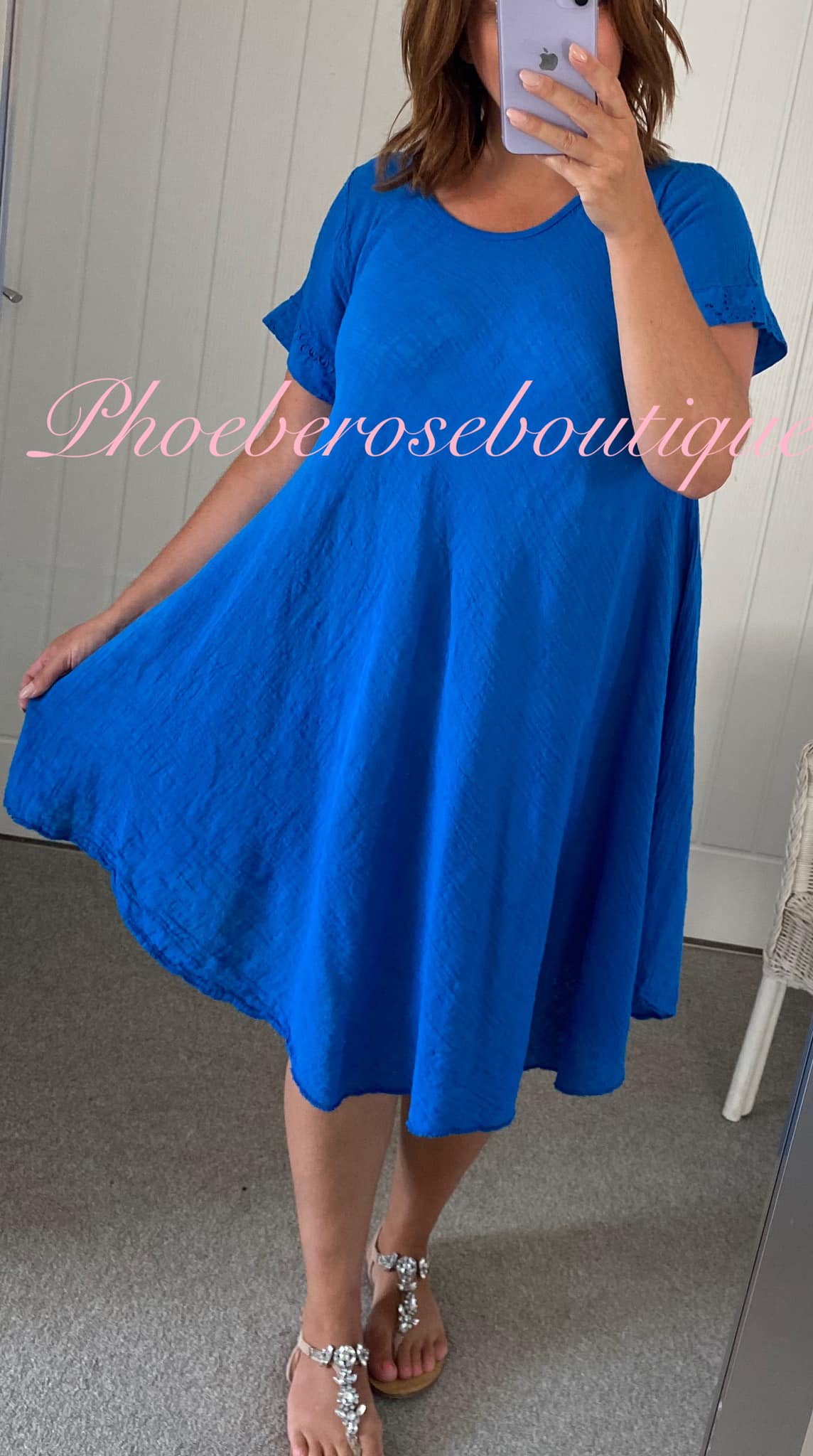 Cotton mix Anglaise Panel Back Asymmetric Hem Dress - Royal Blue