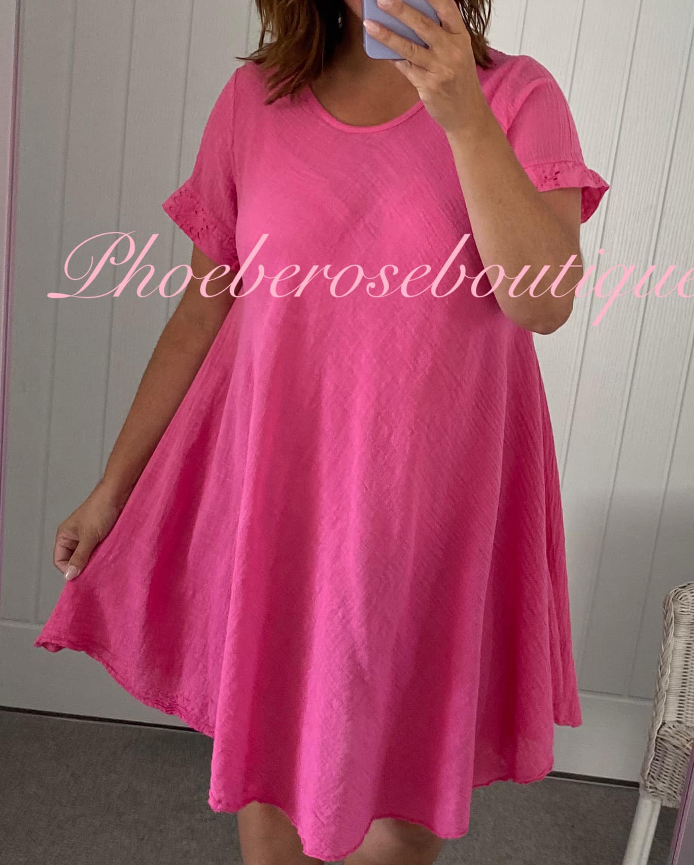 Cotton mix Anglaise Panel Back Asymmetric Hem Dress - Hot Pink