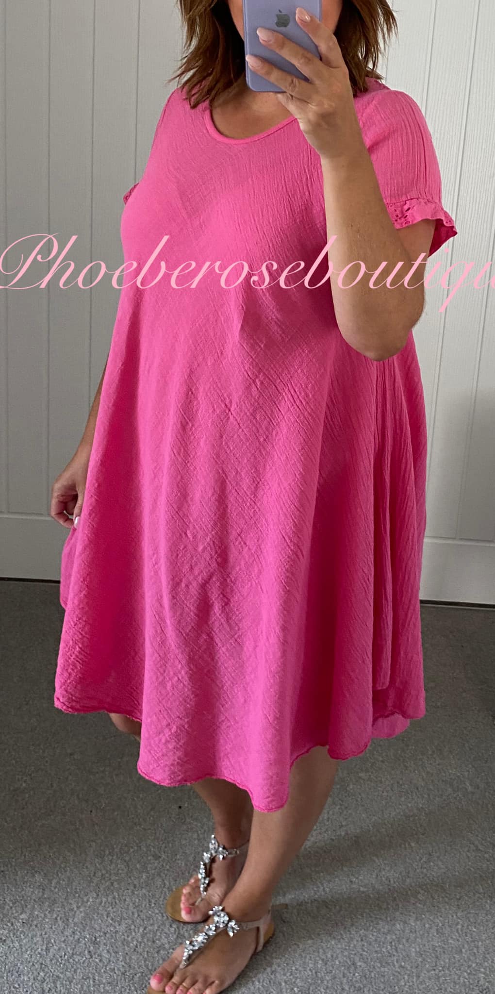 Cotton mix Anglaise Panel Back Asymmetric Hem Dress - Hot Pink
