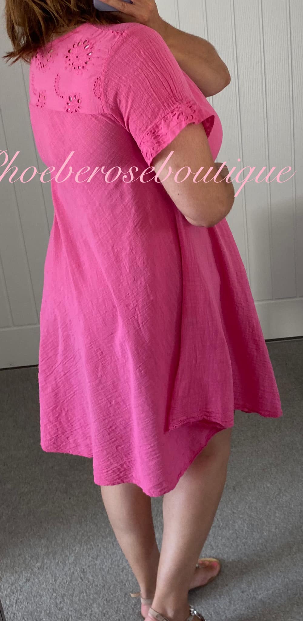 Cotton mix Anglaise Panel Back Asymmetric Hem Dress - Hot Pink - Image 3