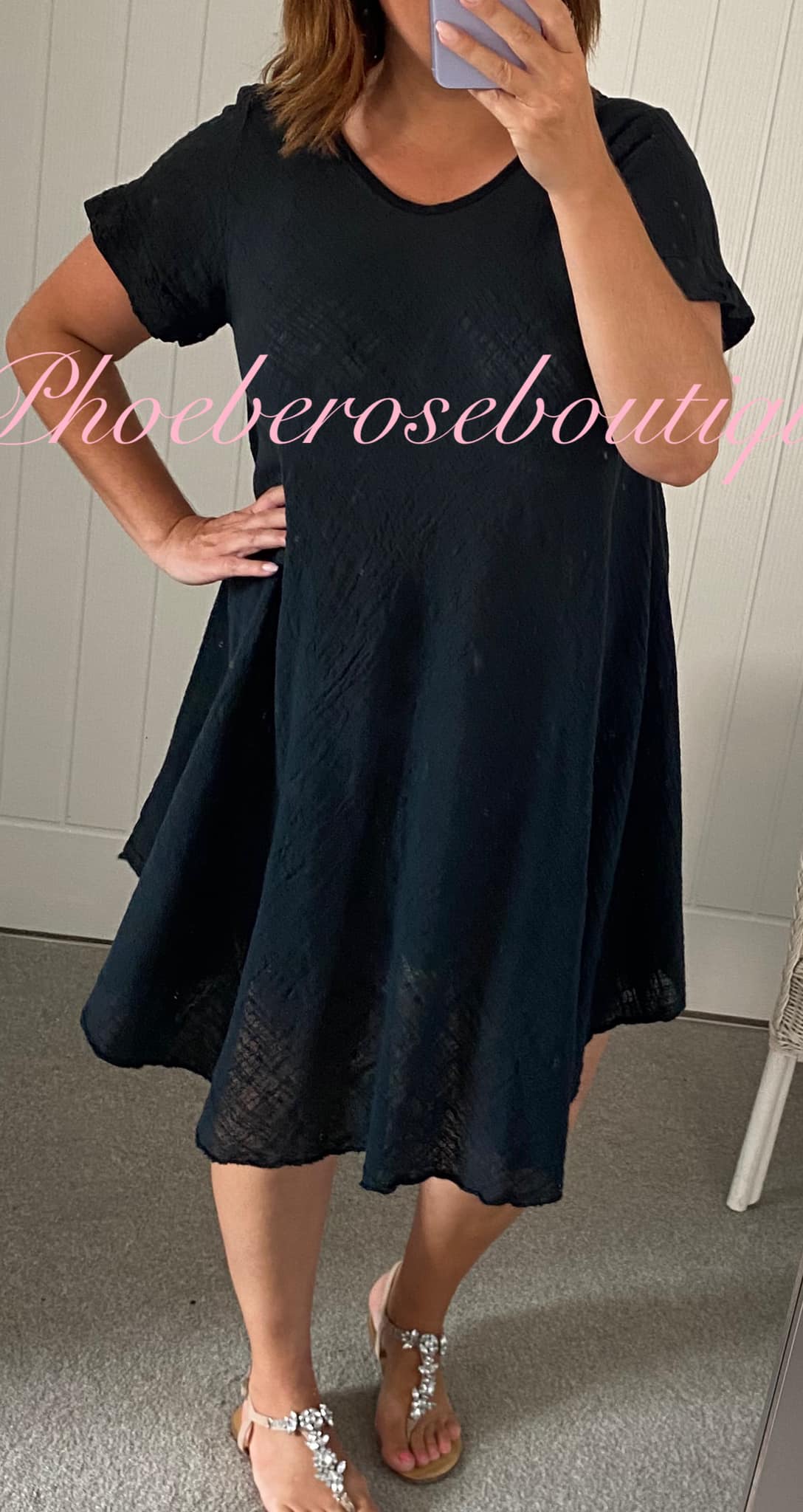 Cotton mix Anglaise Panel Back Asymmetric Hem Dress - Black