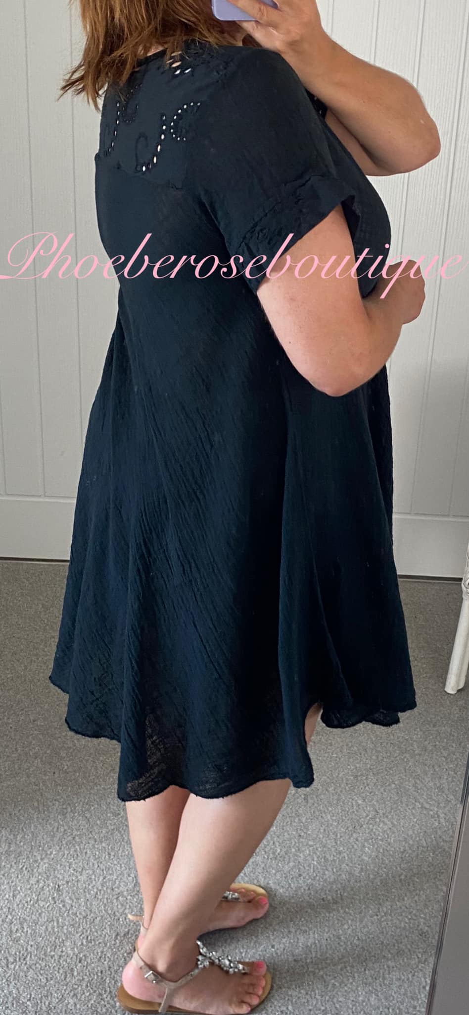 Cotton mix Anglaise Panel Back Asymmetric Hem Dress - Black - Image 3