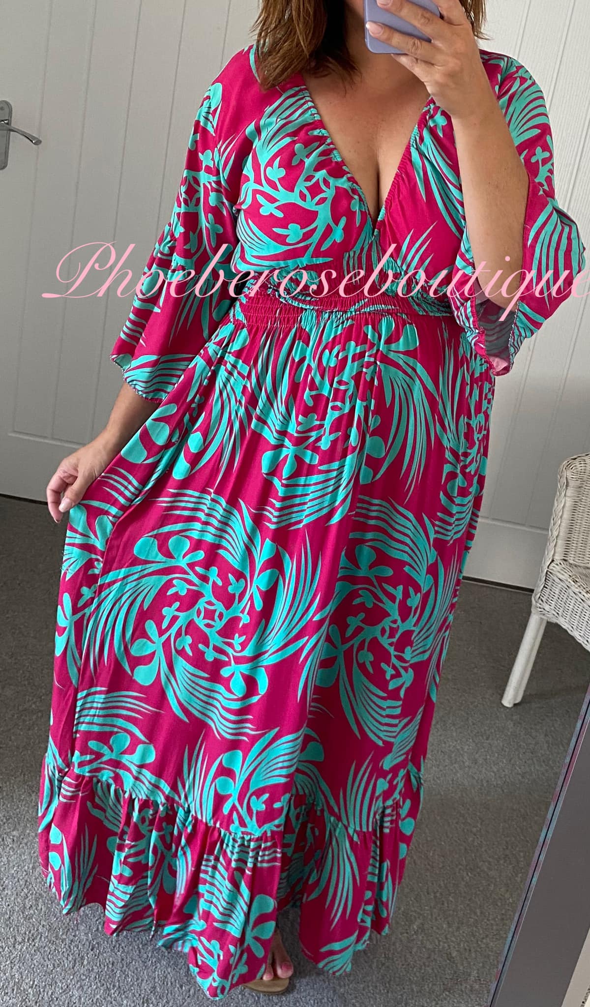Shirred Waist Bold Print V Neck Maxi Dress - Hot Pink Mix