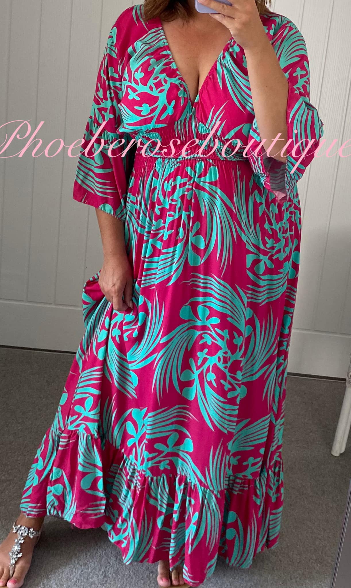 Shirred Waist Bold Print V Neck Maxi Dress - Hot Pink Mix