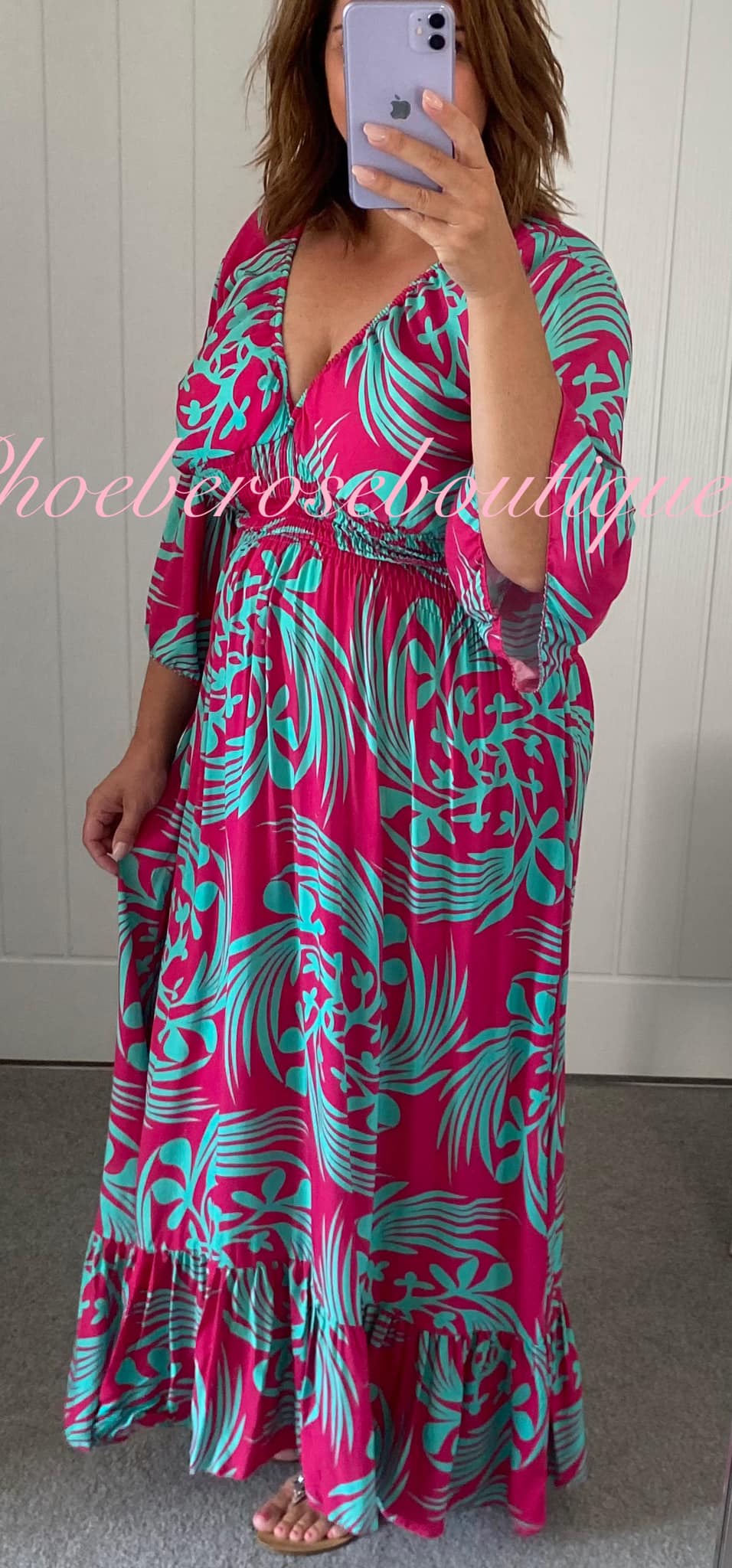 Shirred Waist Bold Print V Neck Maxi Dress - Hot Pink Mix - Image 3