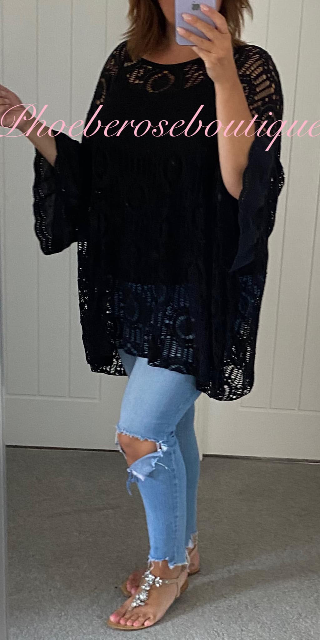 Oversized Crochet Overlay Batwing Top - Black - Image 3