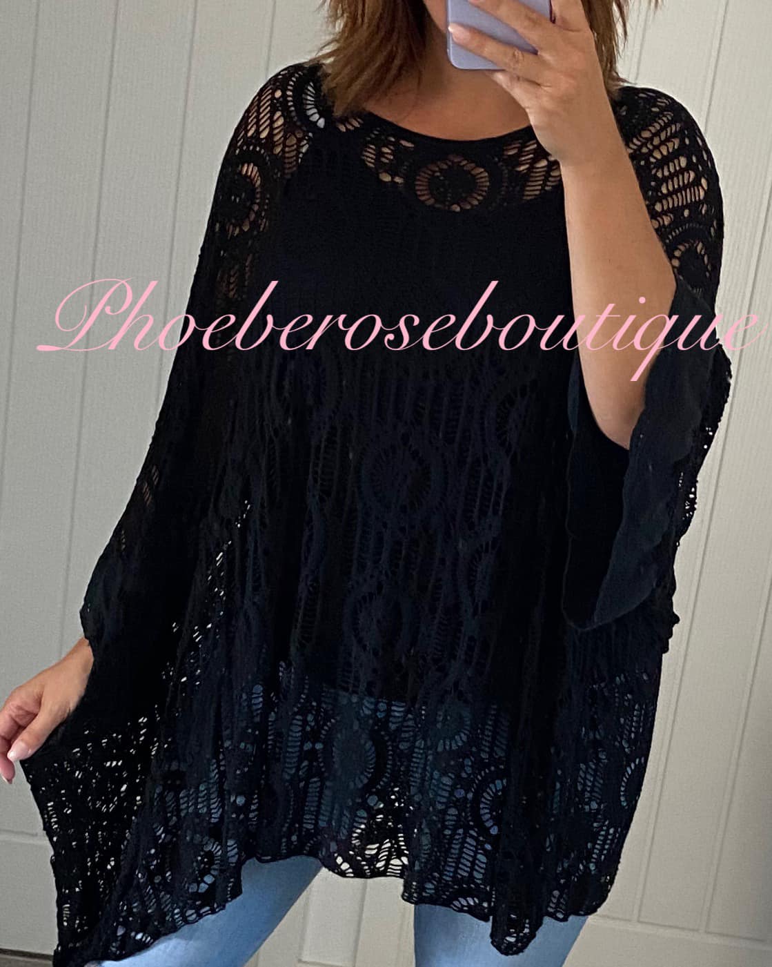 Oversized Crochet Overlay Batwing Top - Black