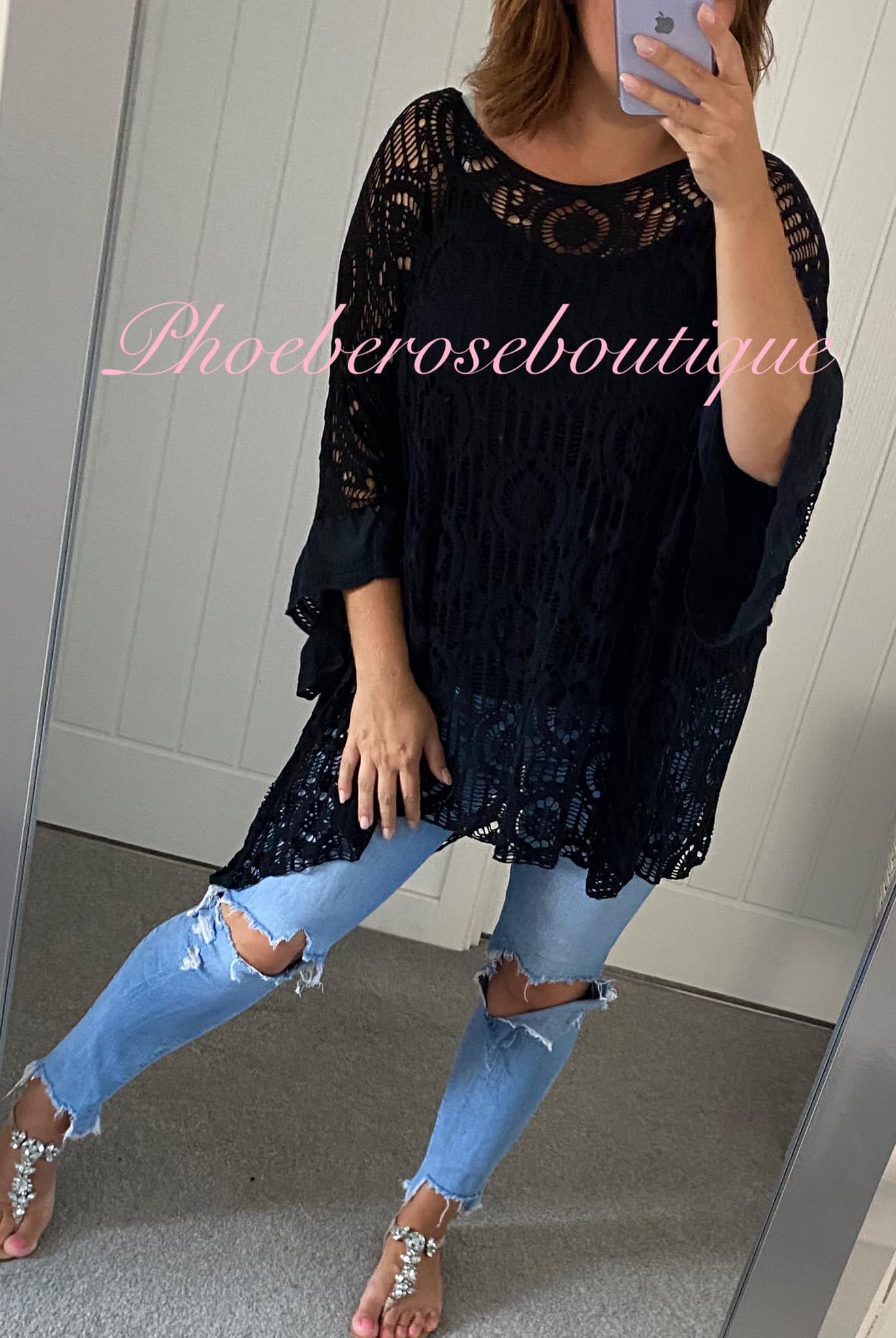 Oversized Crochet Overlay Batwing Top - Black