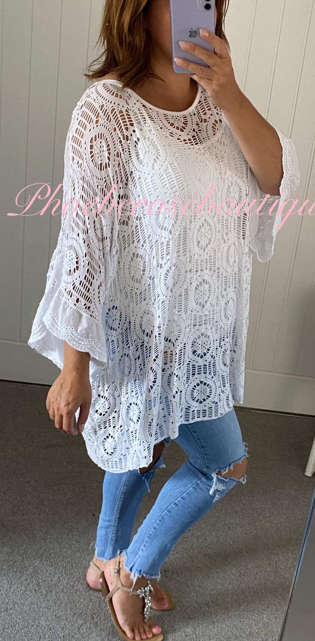 Oversized Crochet Overlay Batwing Top - White - Image 3