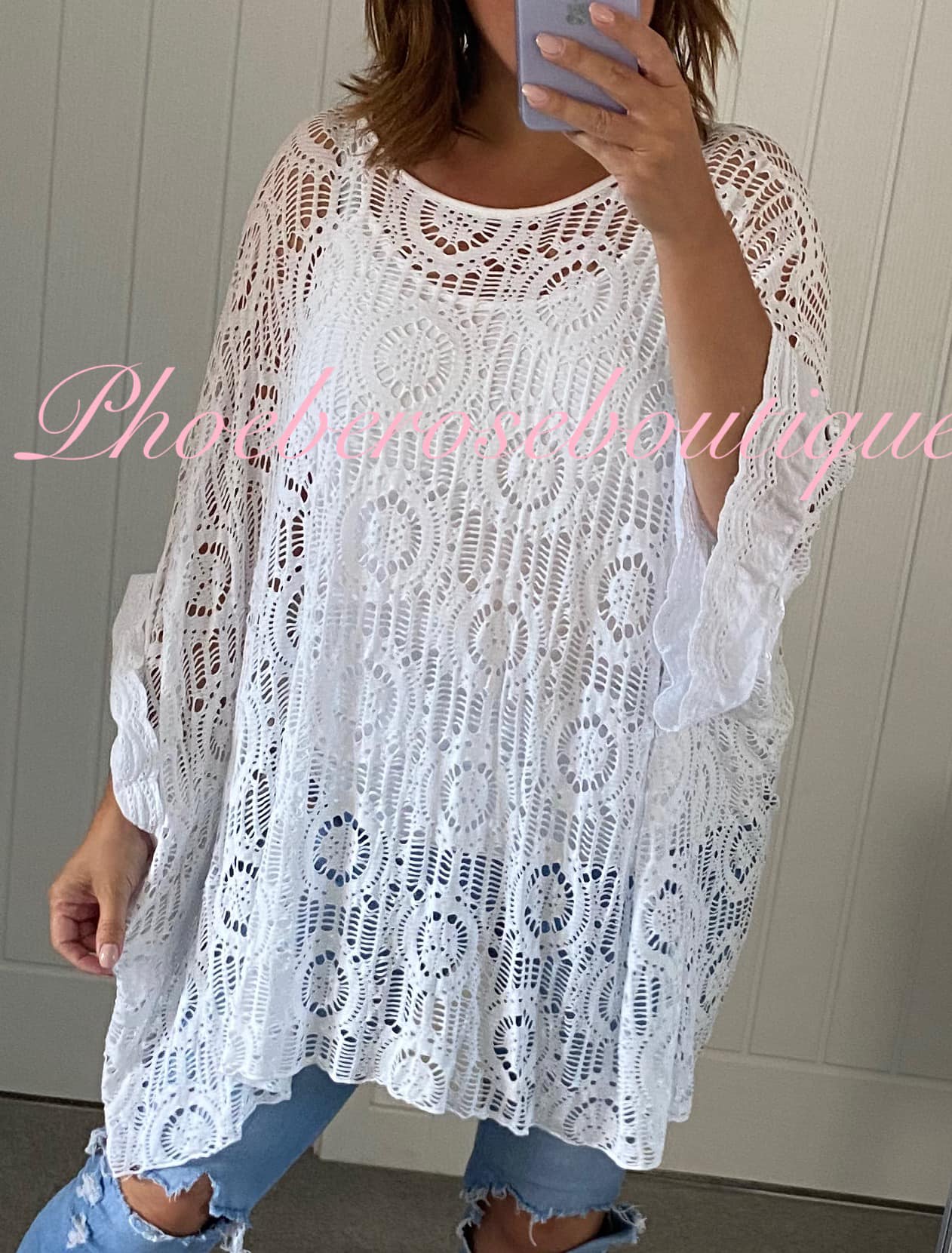 Oversized Crochet Overlay Batwing Top - White
