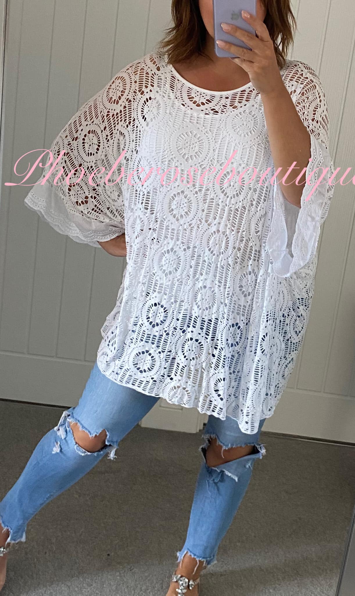 Oversized Crochet Overlay Batwing Top - White