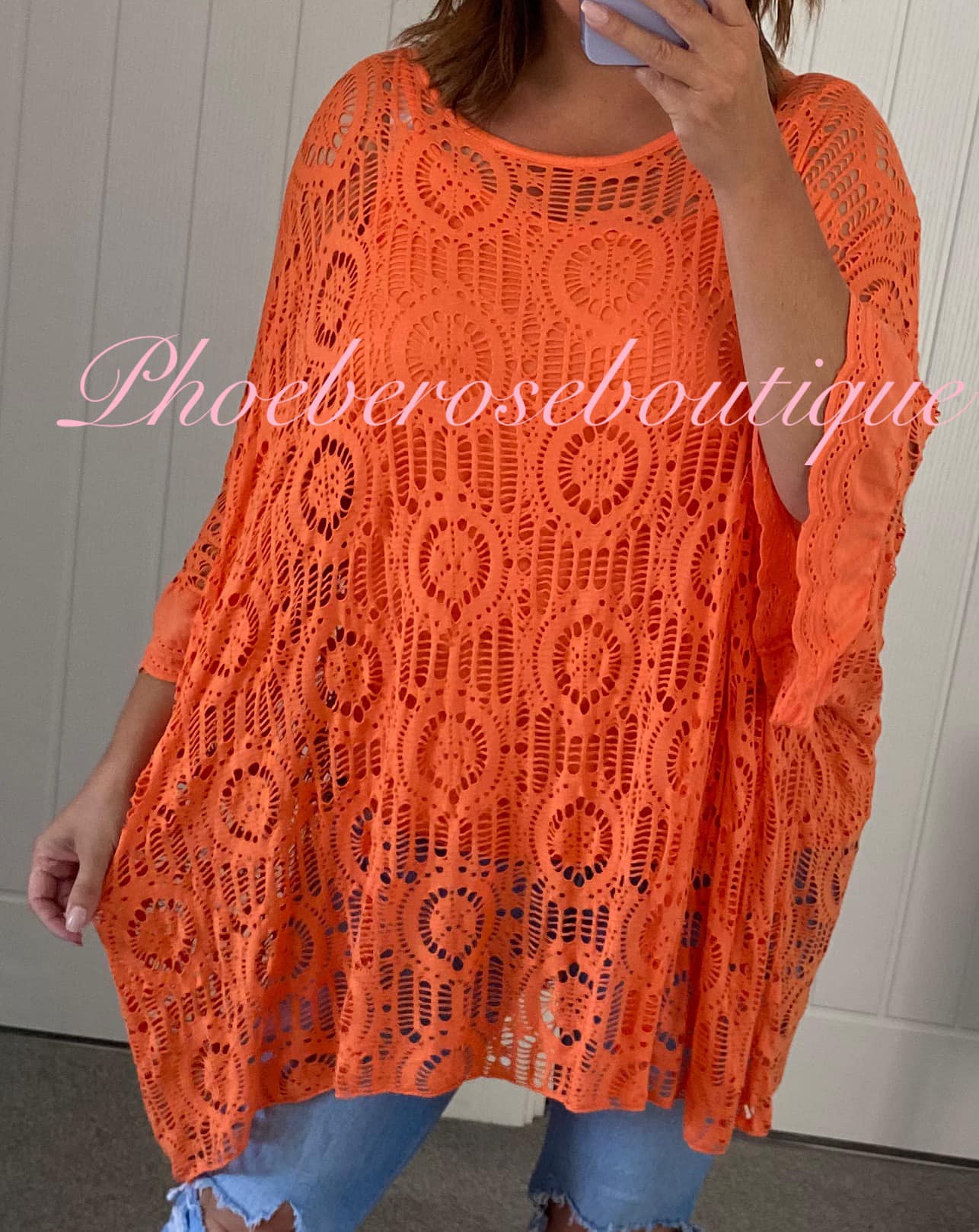 Oversized Crochet Overlay Batwing Top - Orange