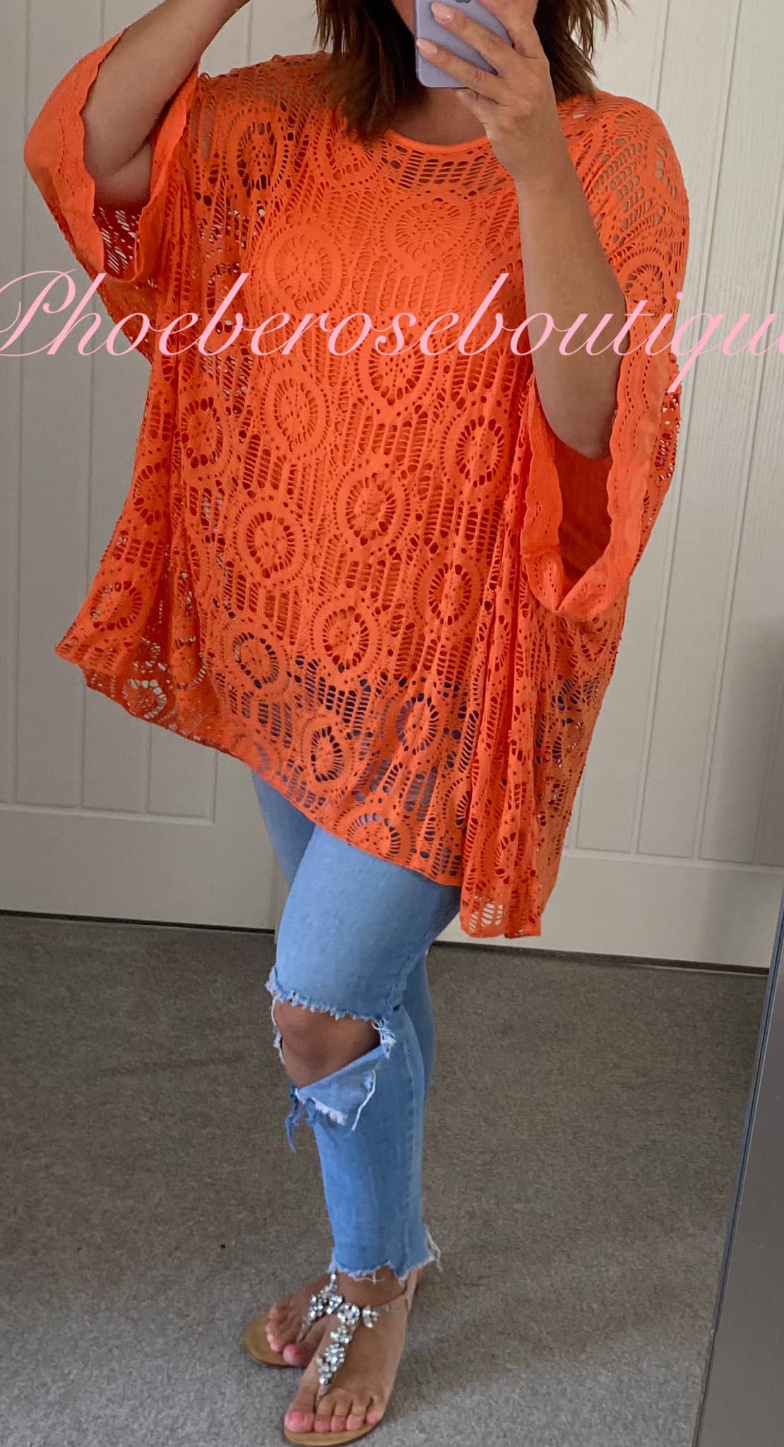 Oversized Crochet Overlay Batwing Top - Orange