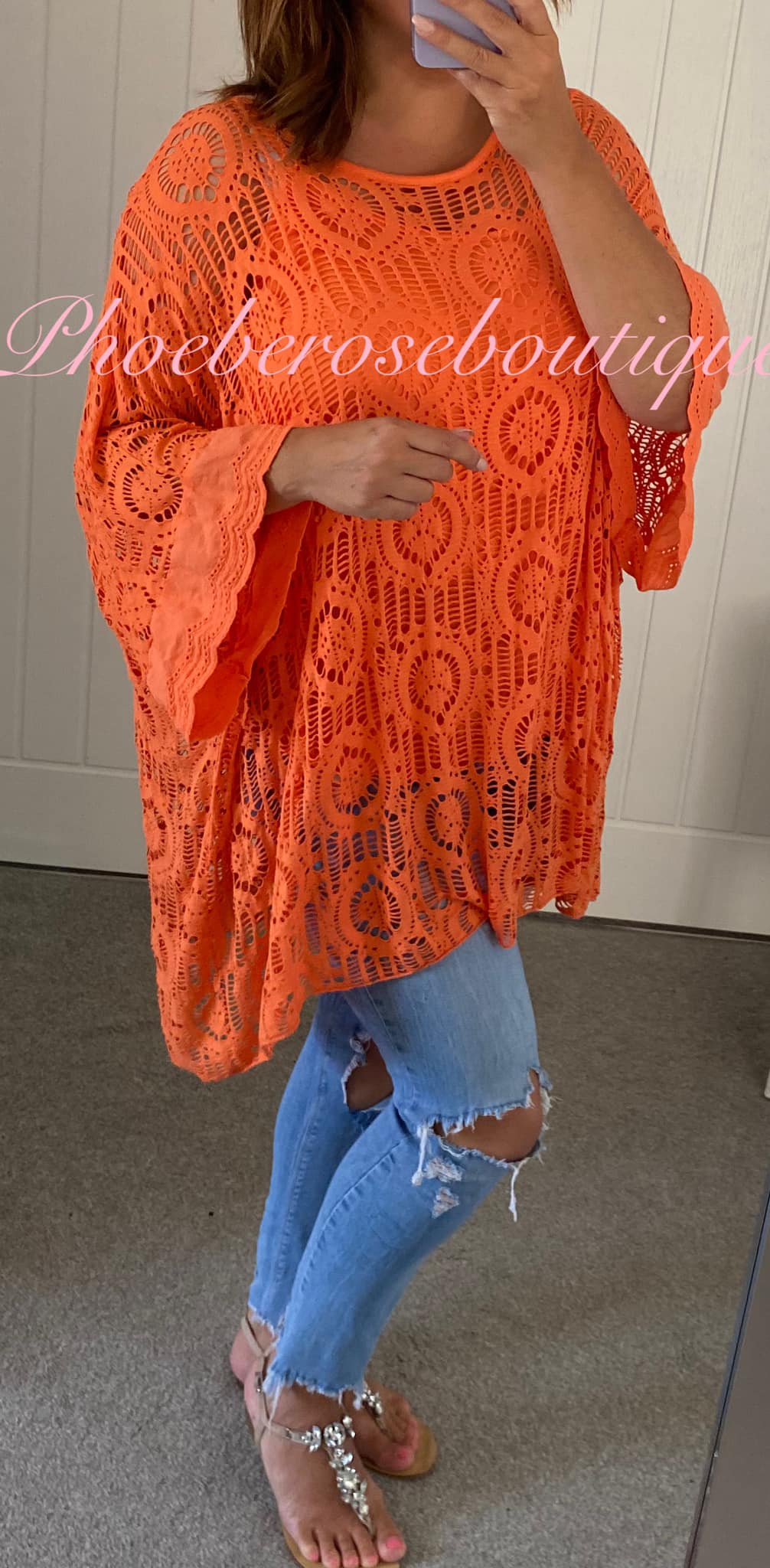 Oversized Crochet Overlay Batwing Top - Orange - Image 3
