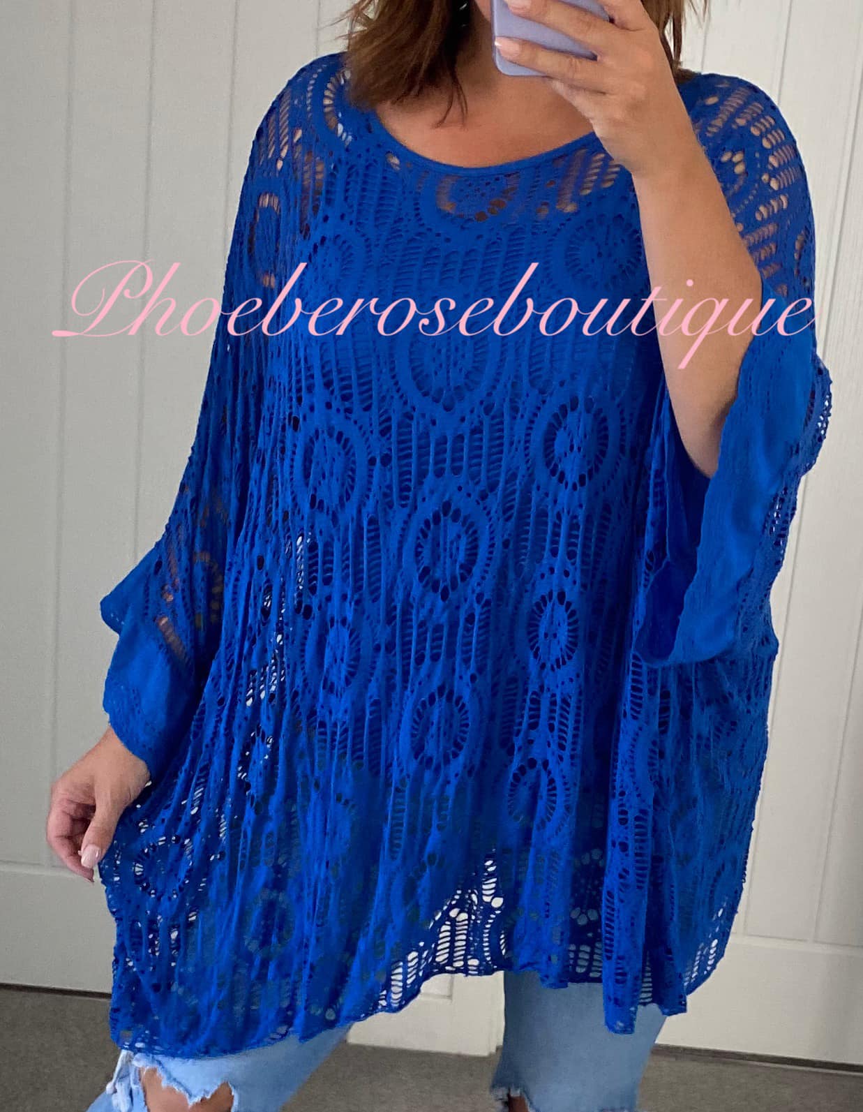 Oversized Crochet Overlay Batwing Top - Royal Blue