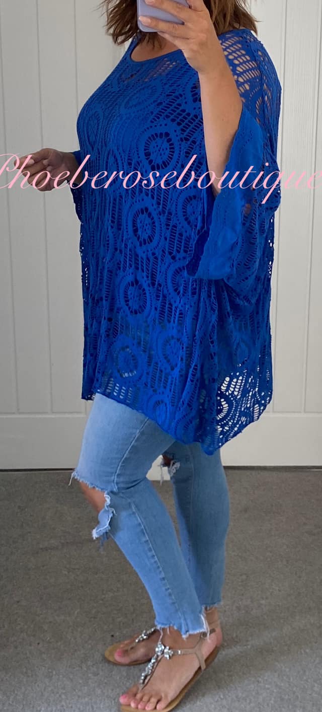 Oversized Crochet Overlay Batwing Top - Royal Blue