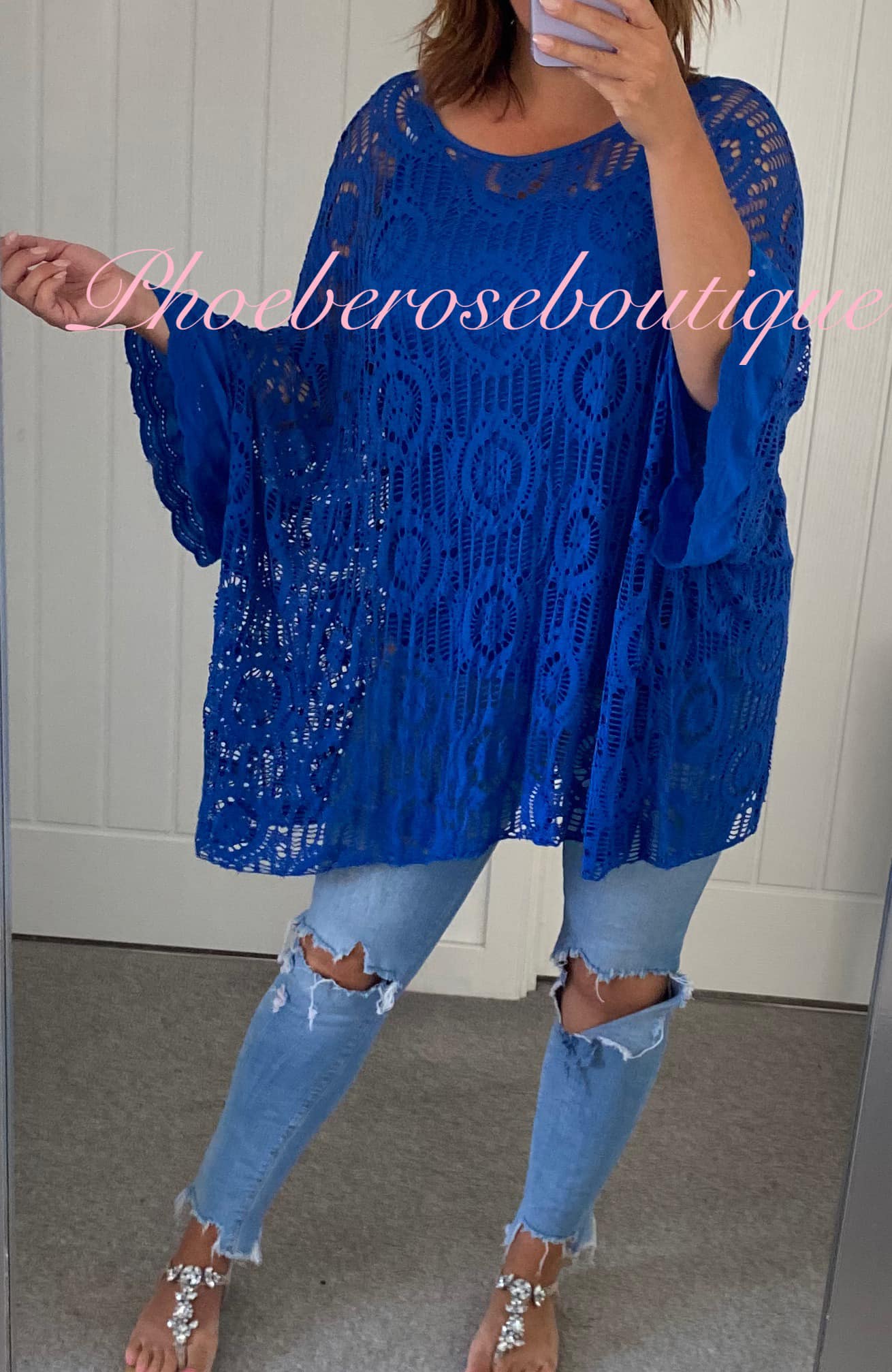 Oversized Crochet Overlay Batwing Top - Royal Blue - Image 3