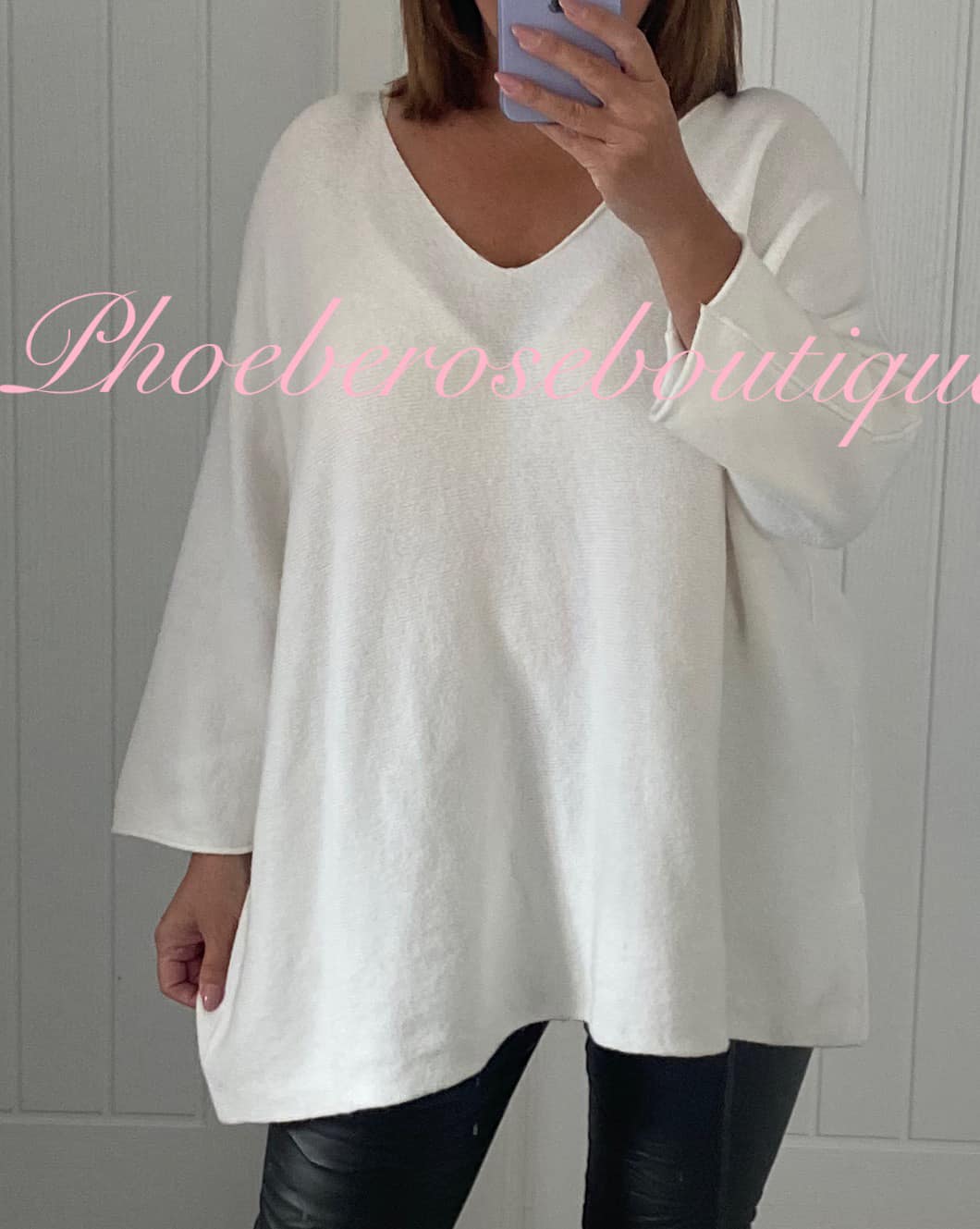 Soft Knit V Neck Oversized Seam Sleeve Jumper - Off White