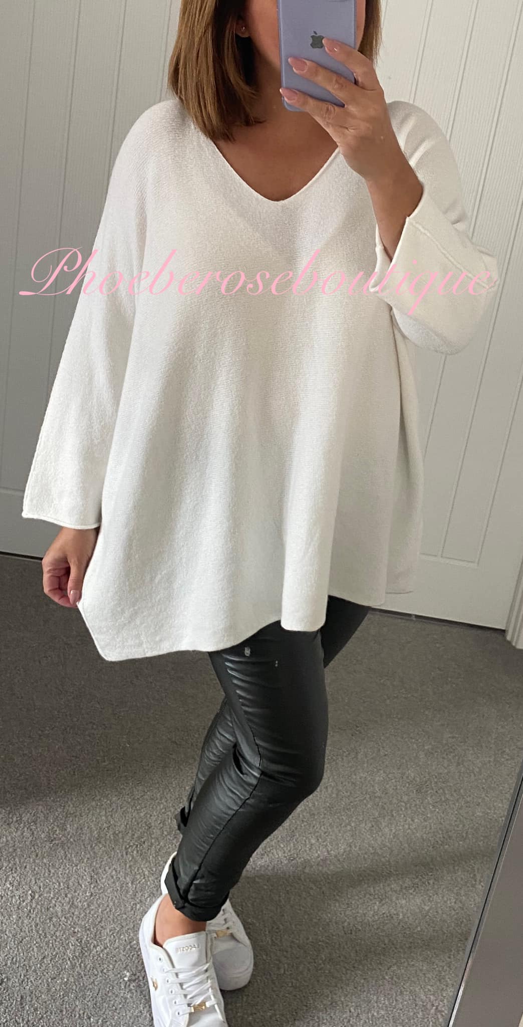Soft Knit V Neck Oversized Seam Sleeve Jumper - Off White