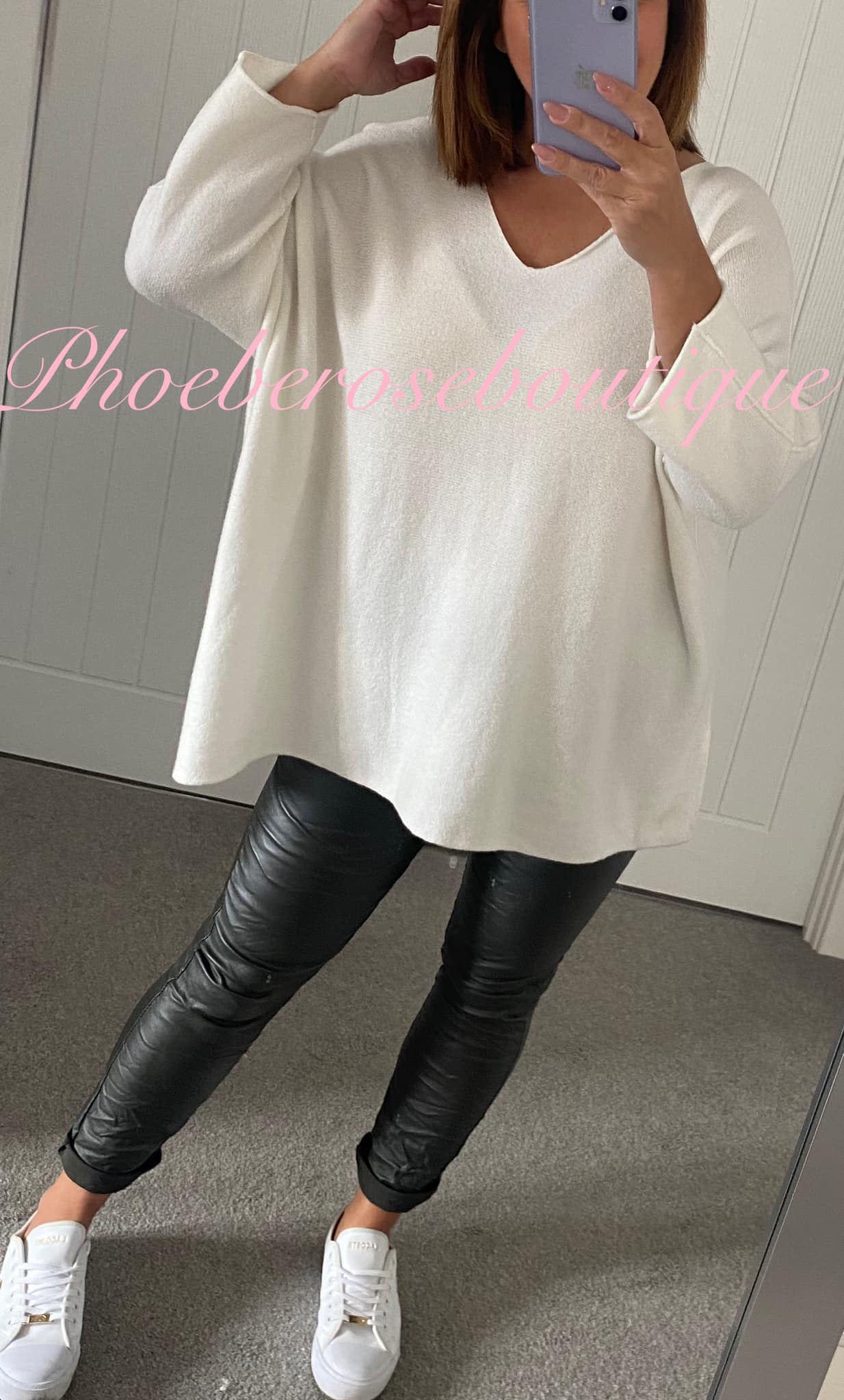 Soft Knit V Neck Oversized Seam Sleeve Jumper - Off White - Image 3