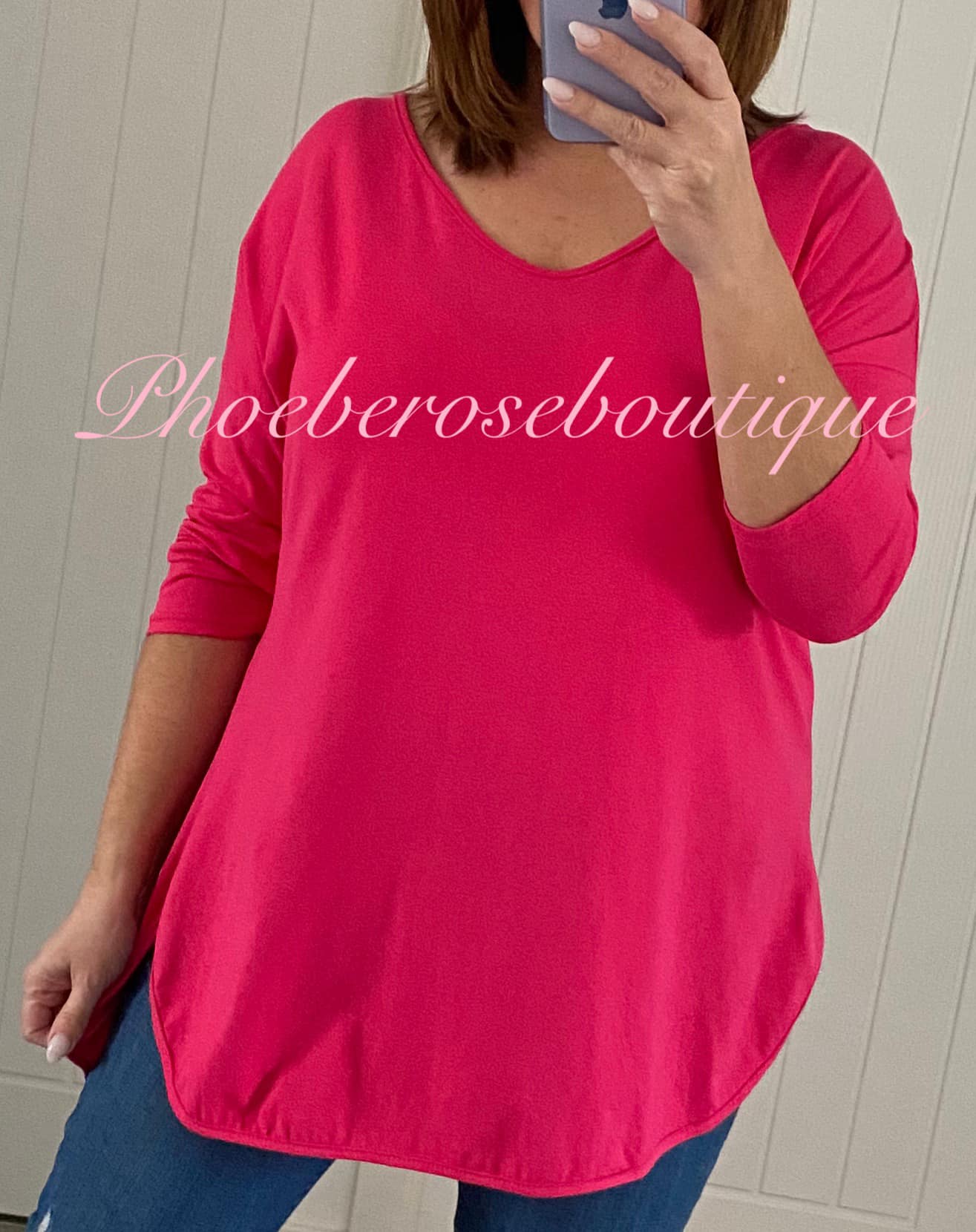 Essential Stretch Jersey Hi-Low V Neck Top - Fuschia