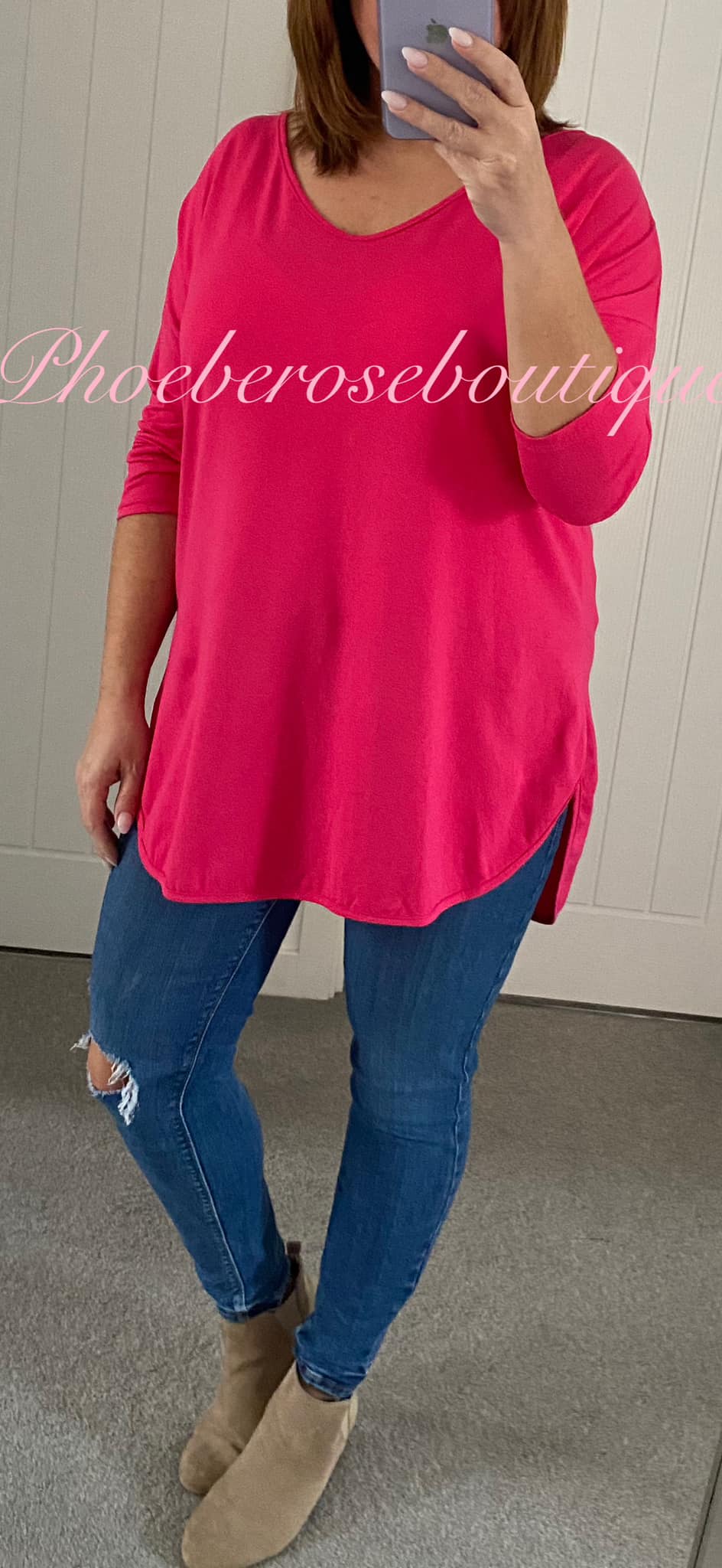 Essential Stretch Jersey Hi-Low V Neck Top - Fuschia