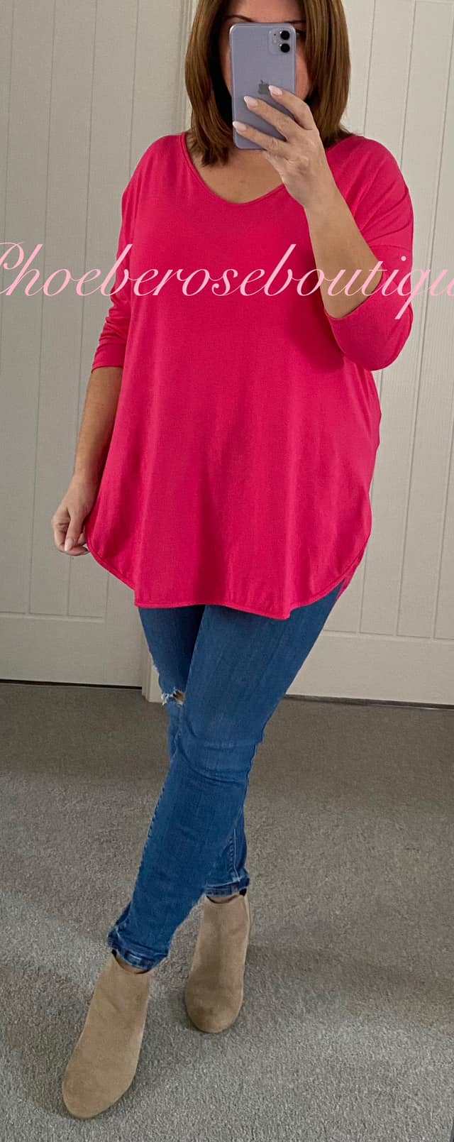 Essential Stretch Jersey Hi-Low V Neck Top - Fuschia - Image 3