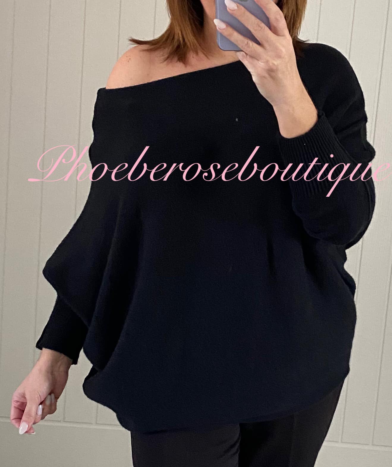 Soft Stretch Knit Slash Neck Batwing Jumper - Black