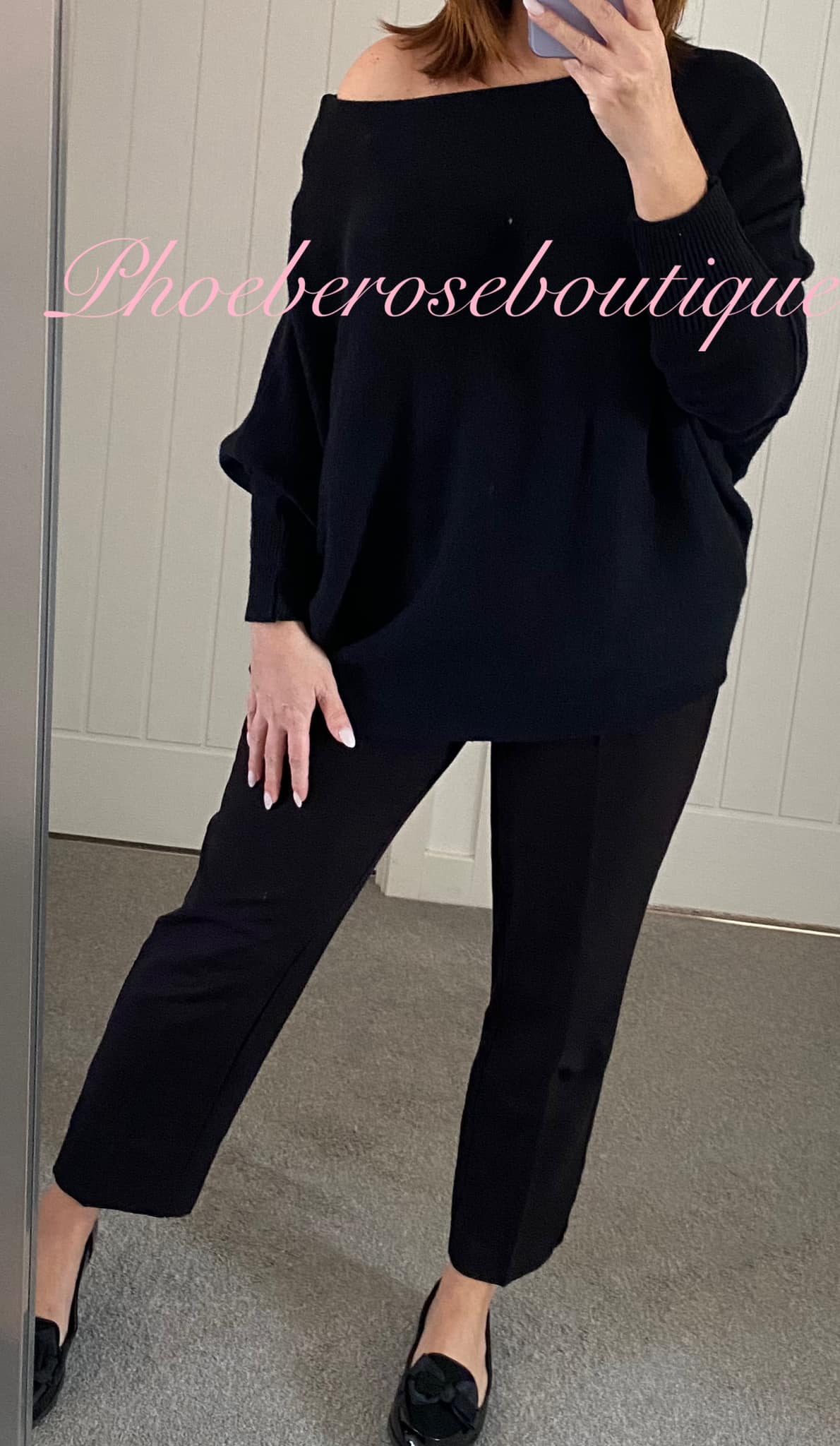 Soft Stretch Knit Slash Neck Batwing Jumper - Black