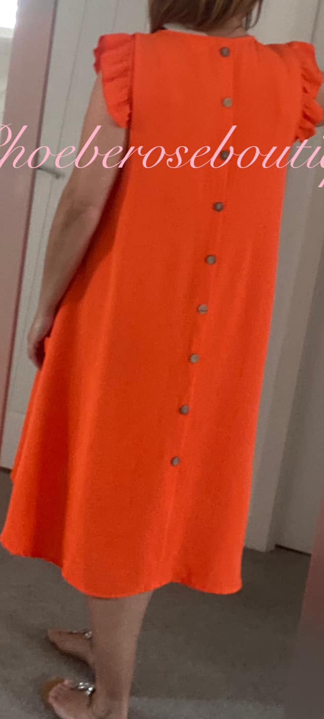 Button Back Frill Shoulder Dress - Orange