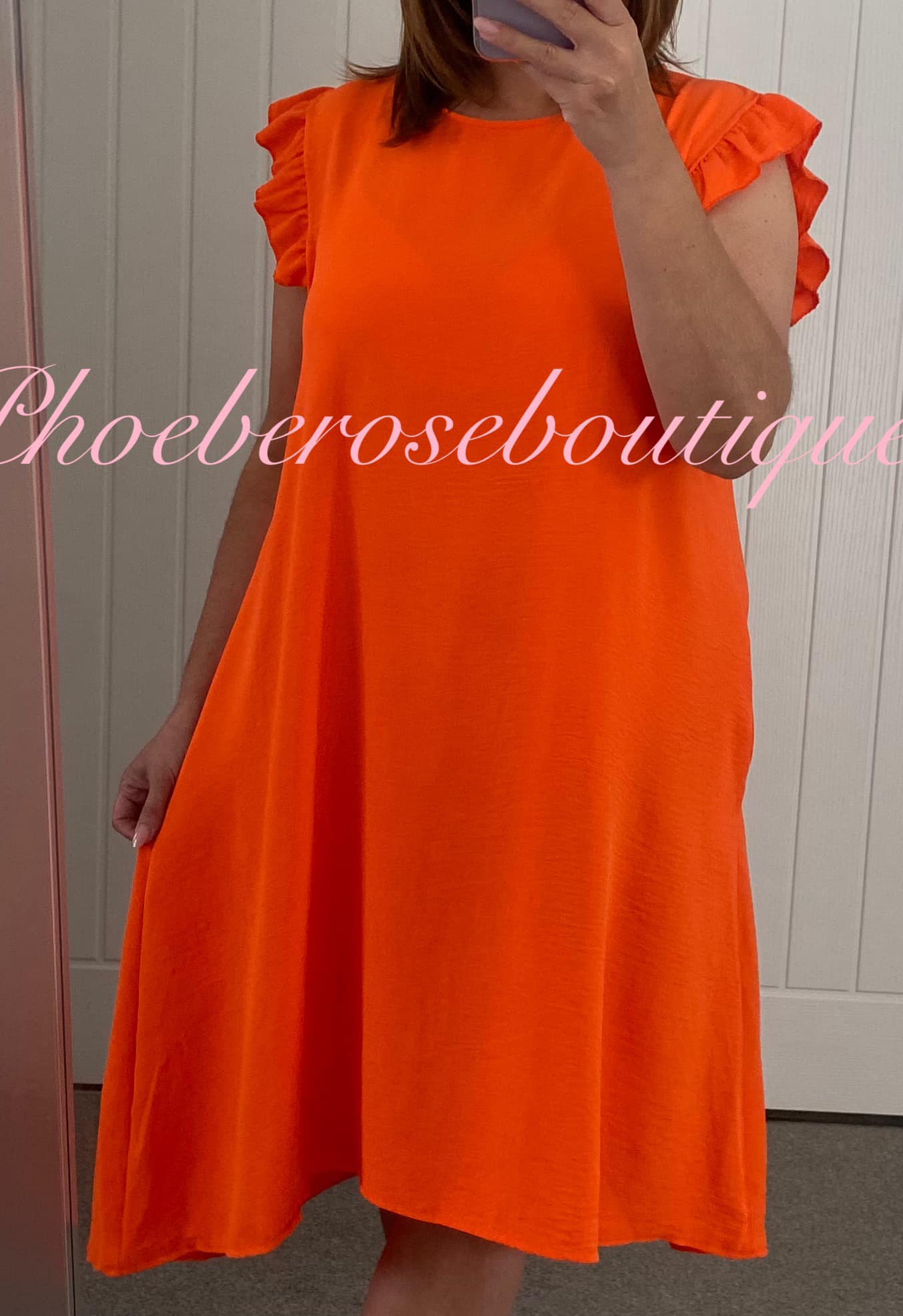 Button Back Frill Shoulder Dress - Orange