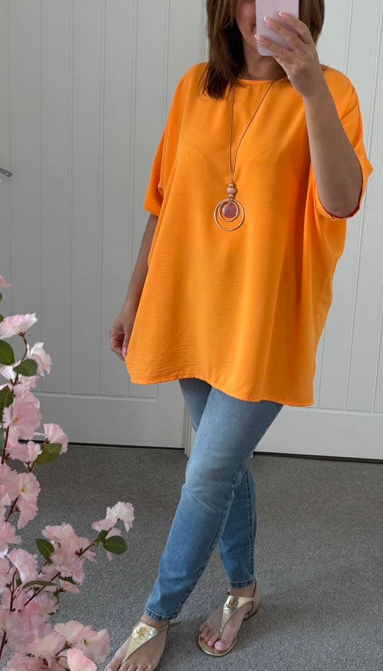 Crepe Loose Fit Necklace Tunic Top - Orange