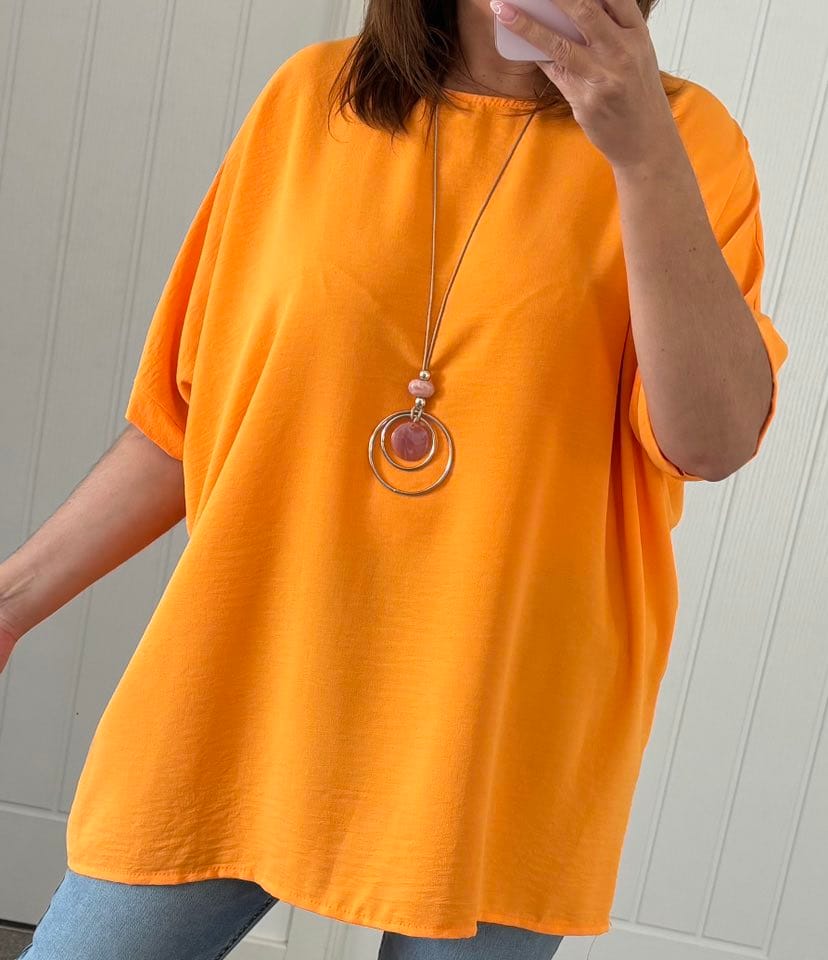 Crepe Loose Fit Necklace Tunic Top - Orange