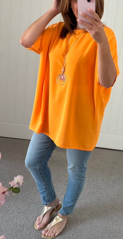Crepe Loose Fit Necklace Tunic Top - Orange - Image 3