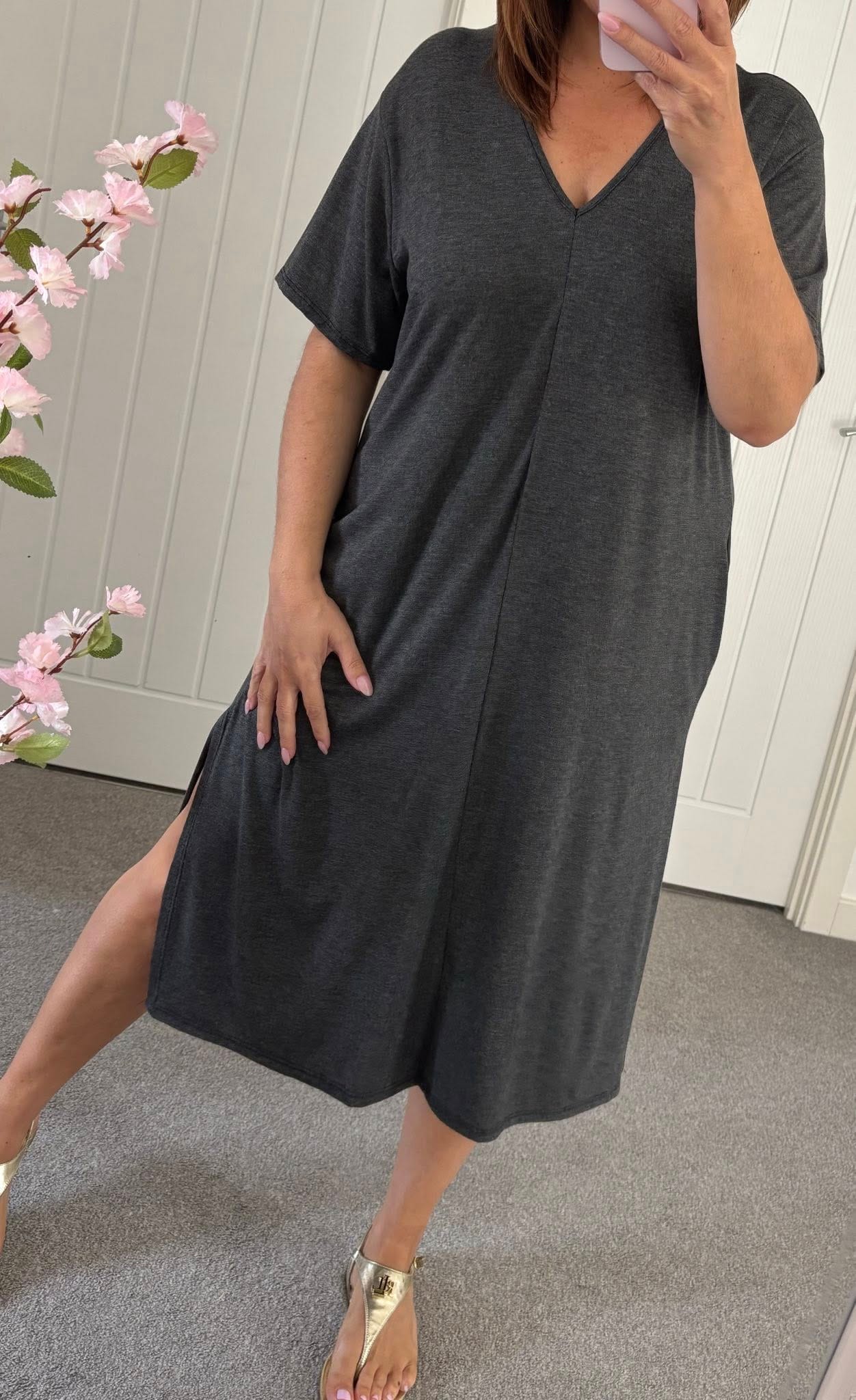 Soft Jersey V Neck Pocket Midi Dress - Charcoal Grey