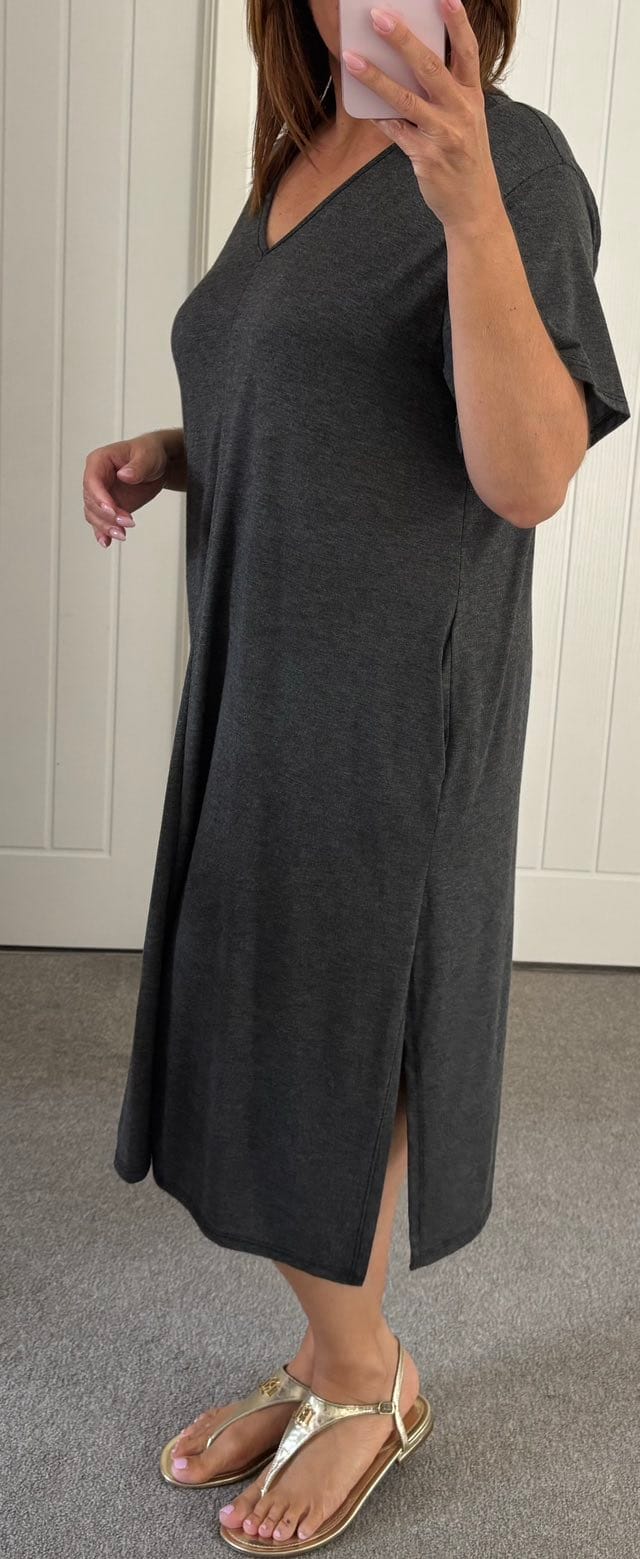 Soft Jersey V Neck Pocket Midi Dress - Charcoal Grey