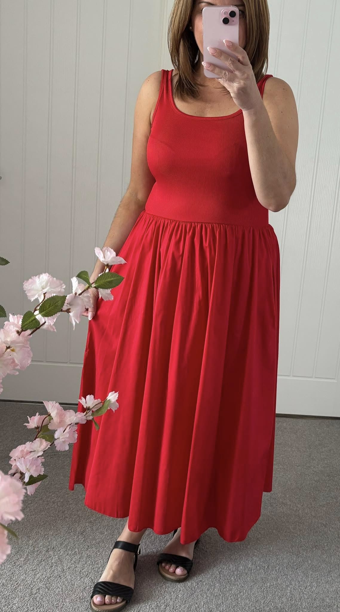 Ribbed Vest Cotton Feel Pocket Skirt Dress - Red