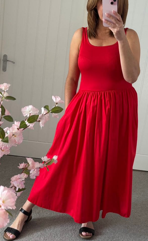 Ribbed Vest Cotton Feel Pocket Skirt Dress - Red