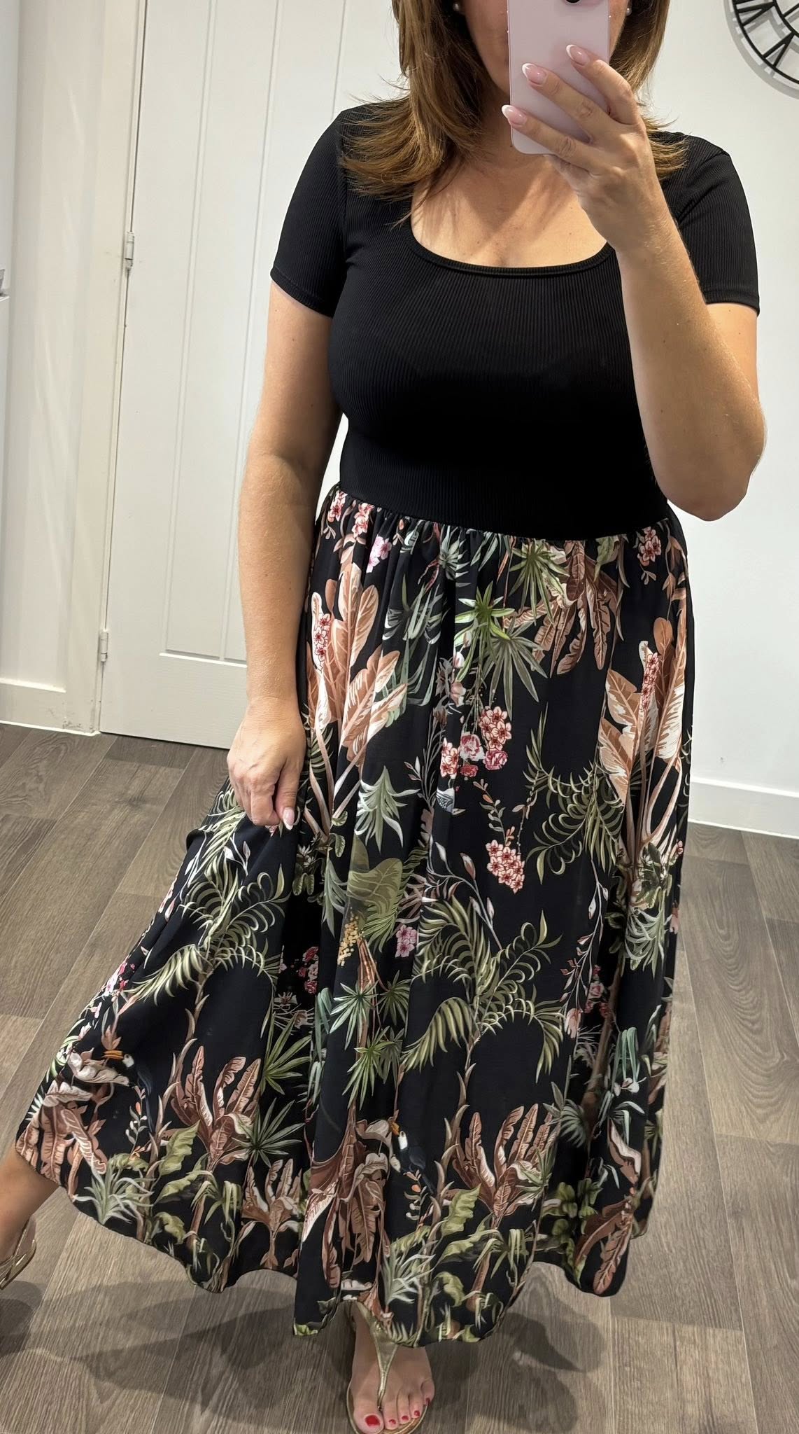 Ribbed Stretch Top Tropical Skirt Pocket Skirt Dress - Black